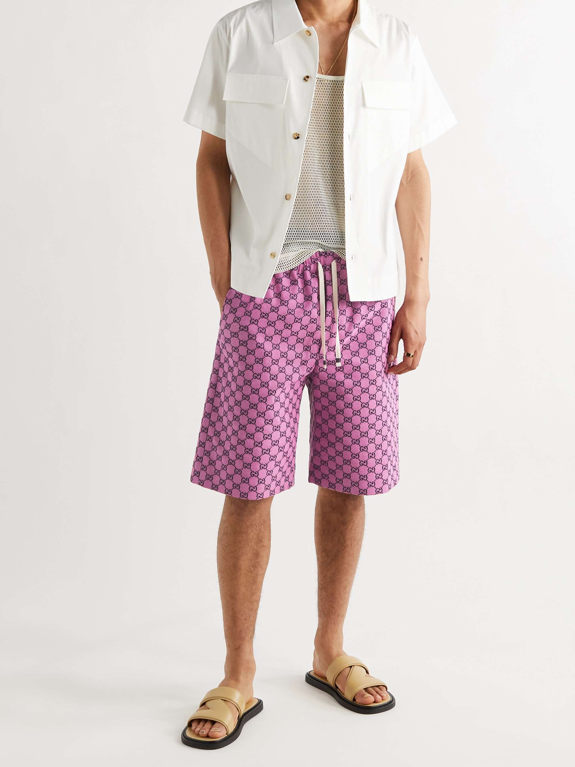 GUCCI Wide-Leg Logo-Jacquard Cotton-Blend Canvas Drawstring Shorts
