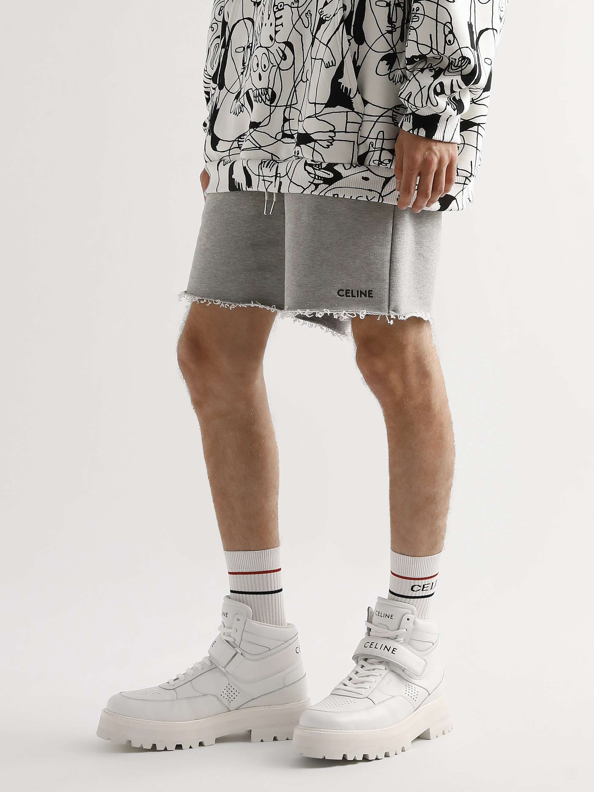 CELINE HOMME Wide-Leg Logo-Print Cotton-Jersey Drawstring Shorts