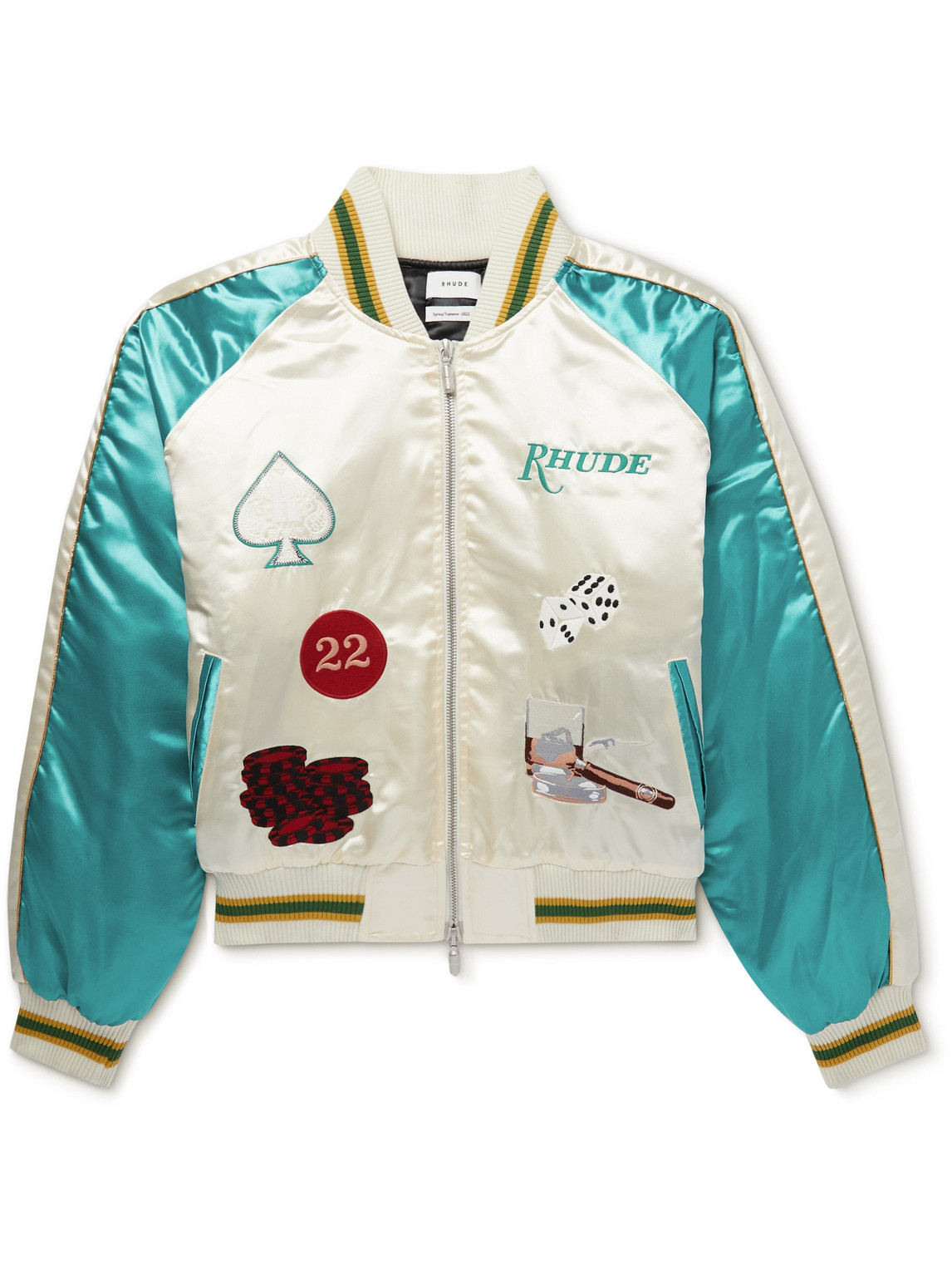 Cropped Colour-Block Logo-Embroidered Satin Bomber Jacket