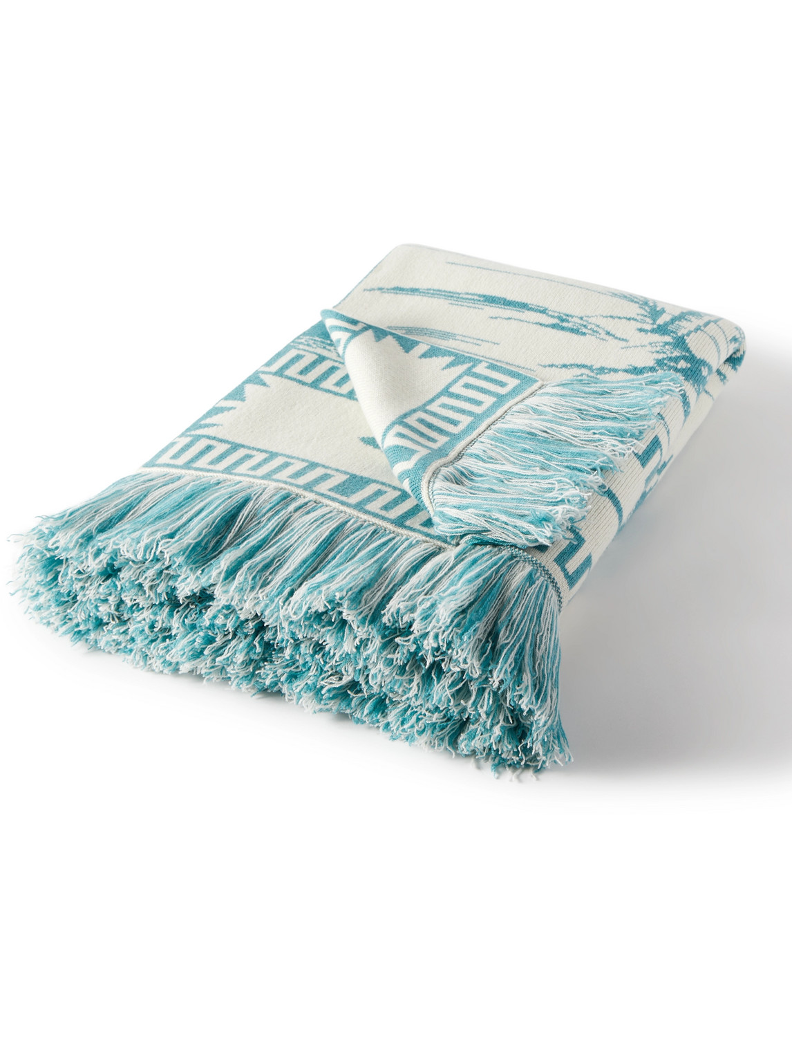 Alanui Surrounded By The Ocean Fringed Cashmere-blend Jacquard Blanket In Blue