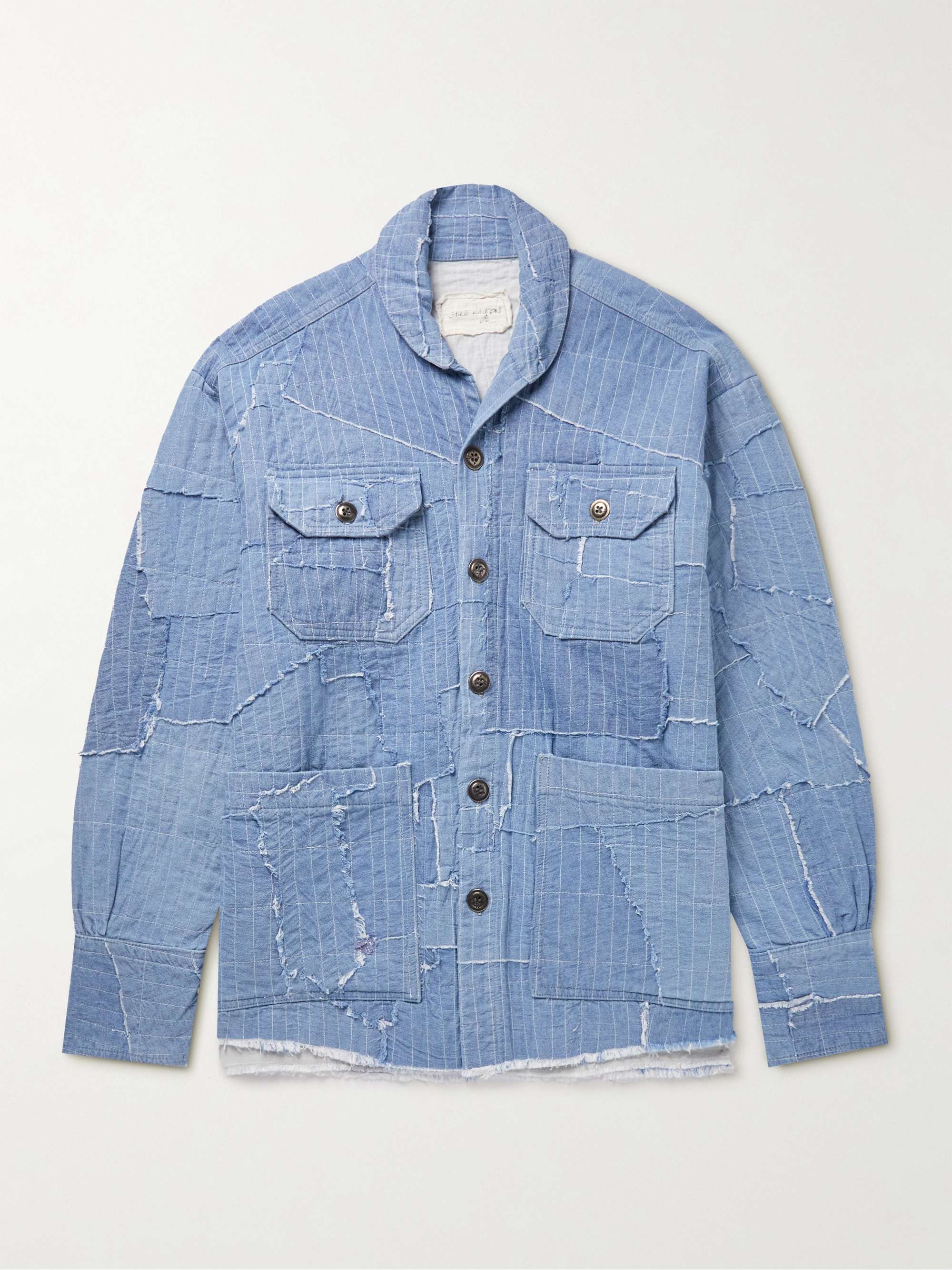 GREG LAUREN Shawl-Collar Distressed Embroidered Cotton-Chambray Jacket