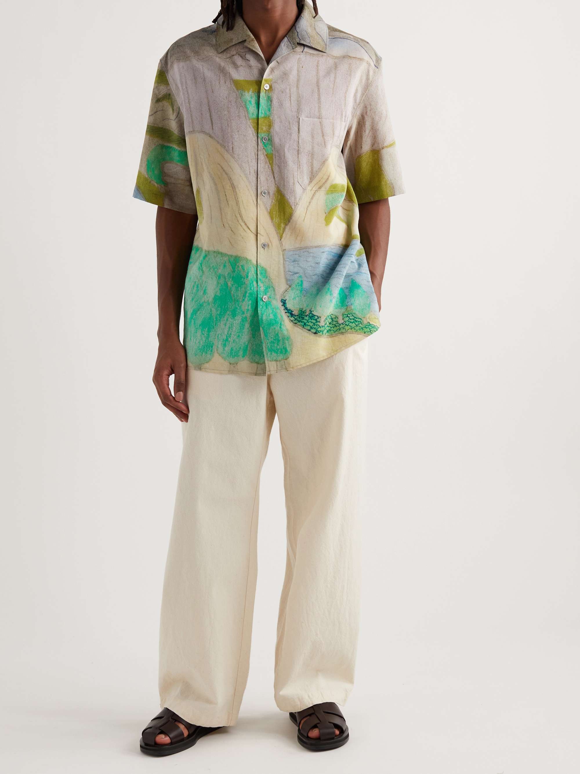 LEMAIRE Camp-Collar Printed Crinkled Cotton-Blend Poplin Shirt