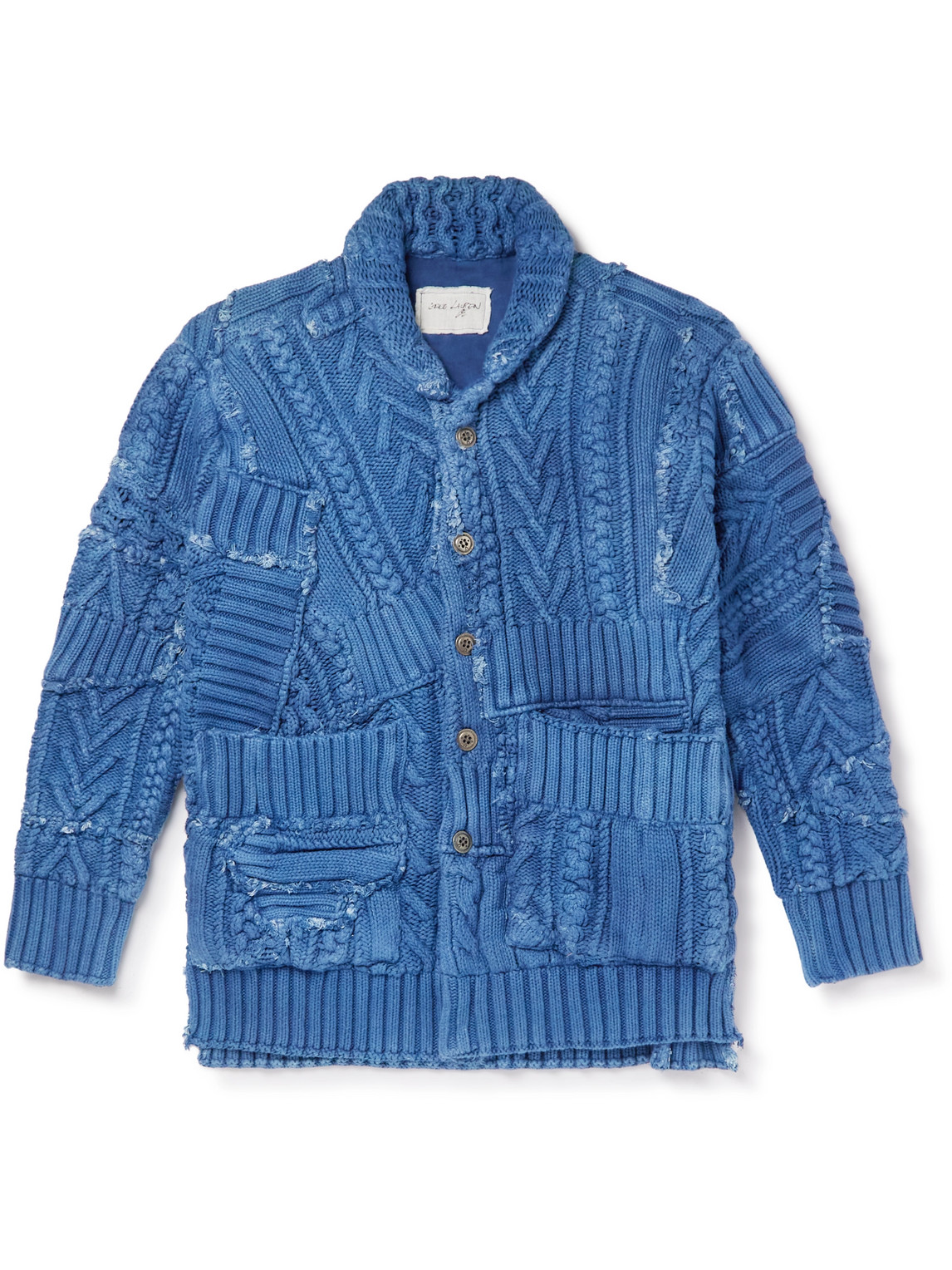 Greg Lauren Shawl-collar Patchwork Cable-knit Cotton Cardigan In Blue