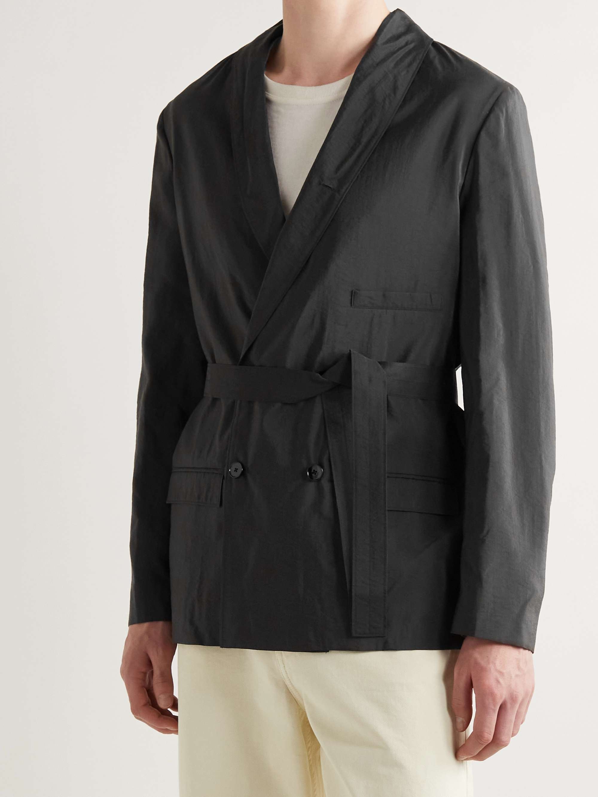 LEMAIRE Shawl-Collar Belted Double Breasted Crinkled Silk-Blend Blazer