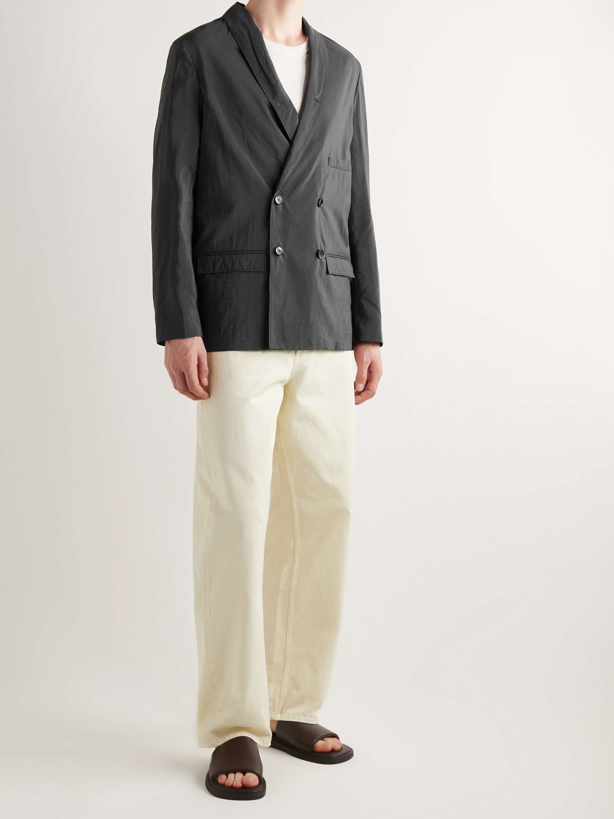 LEMAIRE Shawl-Collar Belted Double Breasted Crinkled Silk-Blend Blazer