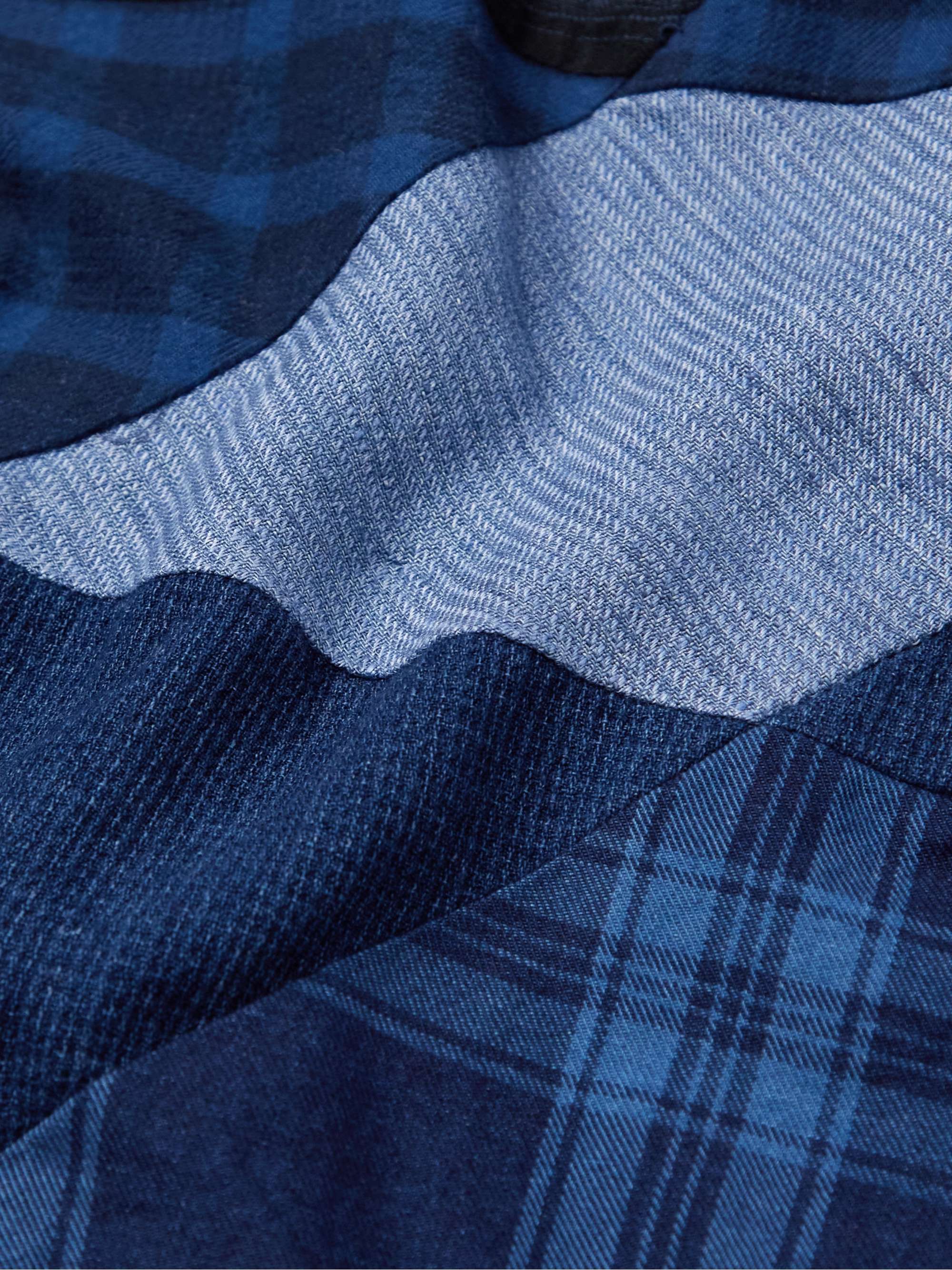 GREG LAUREN Patchwork Distressed Denim and Cotton-Flannel Overshirt