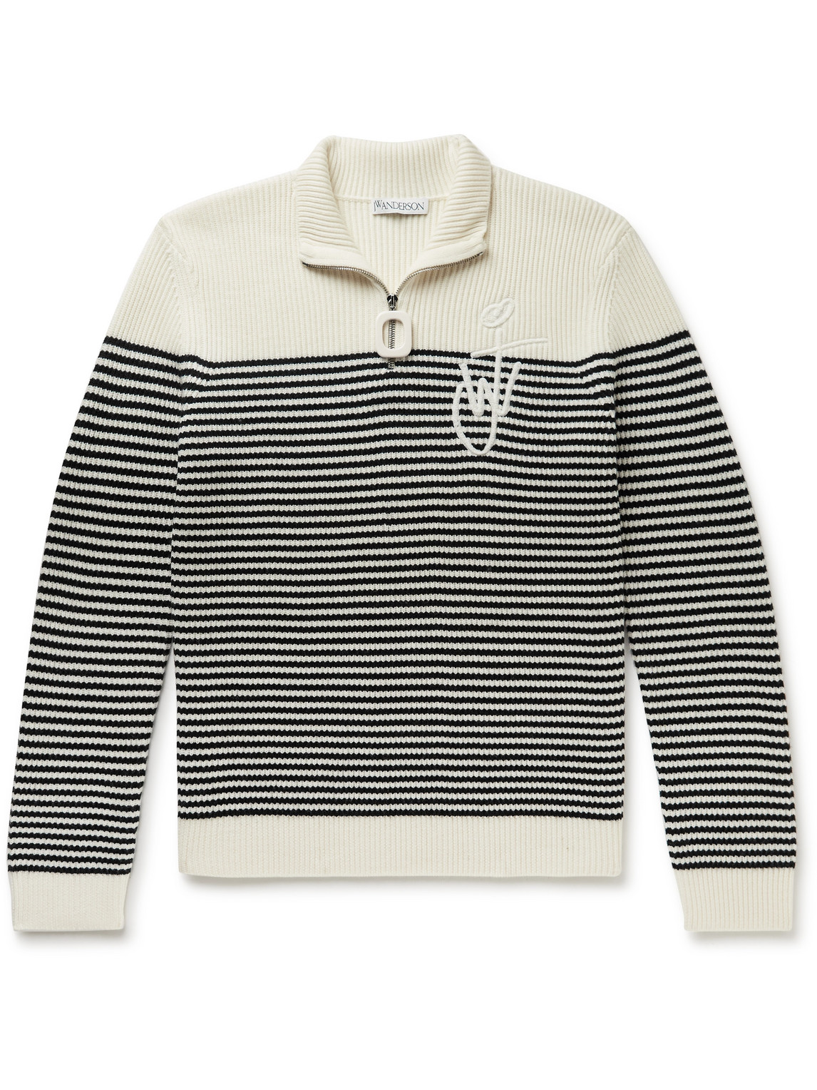 Logo-Embroidered Striped Ribbed Merino Wool Half-Zip Sweater