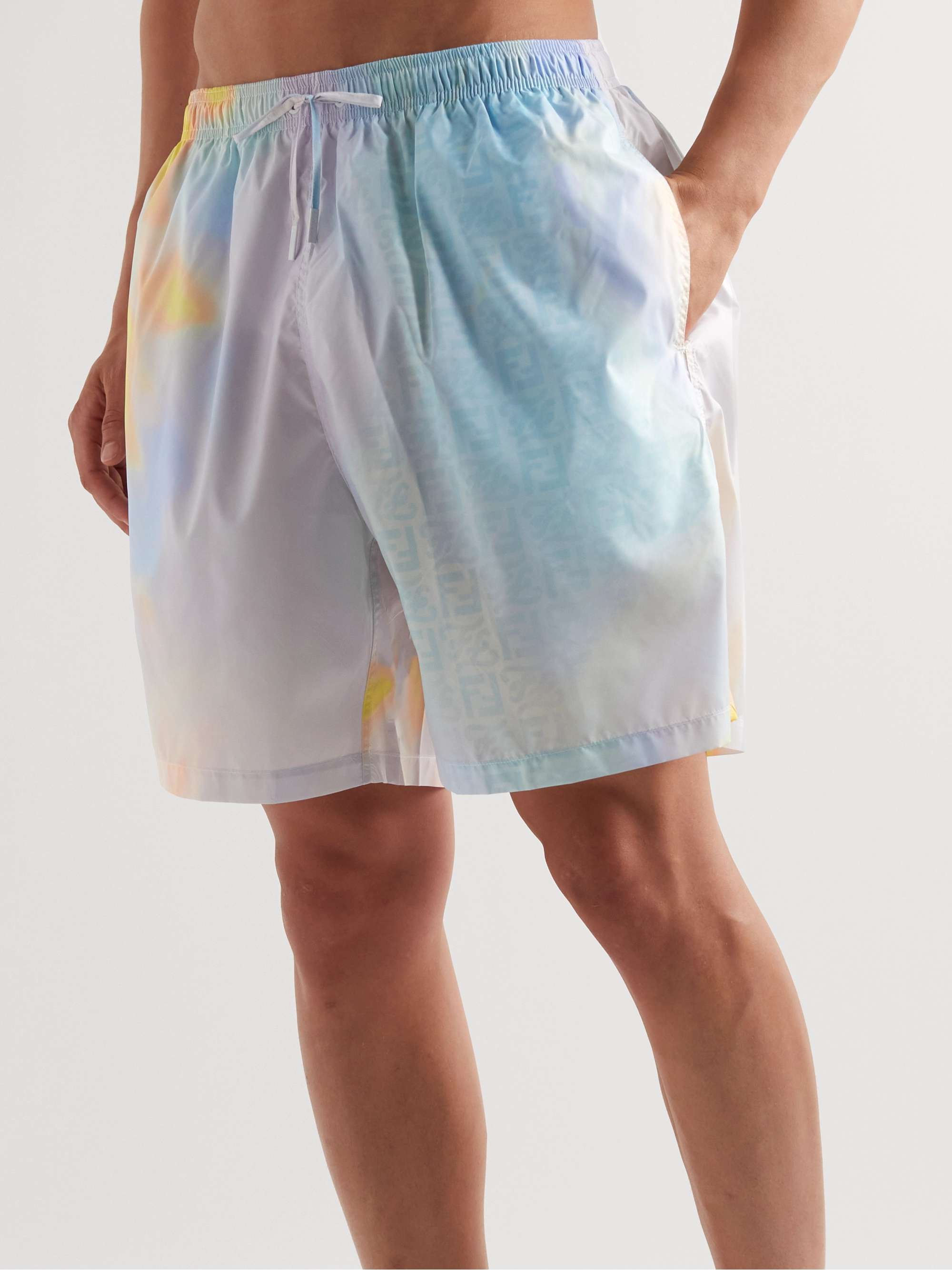 FENDI Straight-Leg Mid-Length Logo-Print Tie-Dyed Swim Shorts