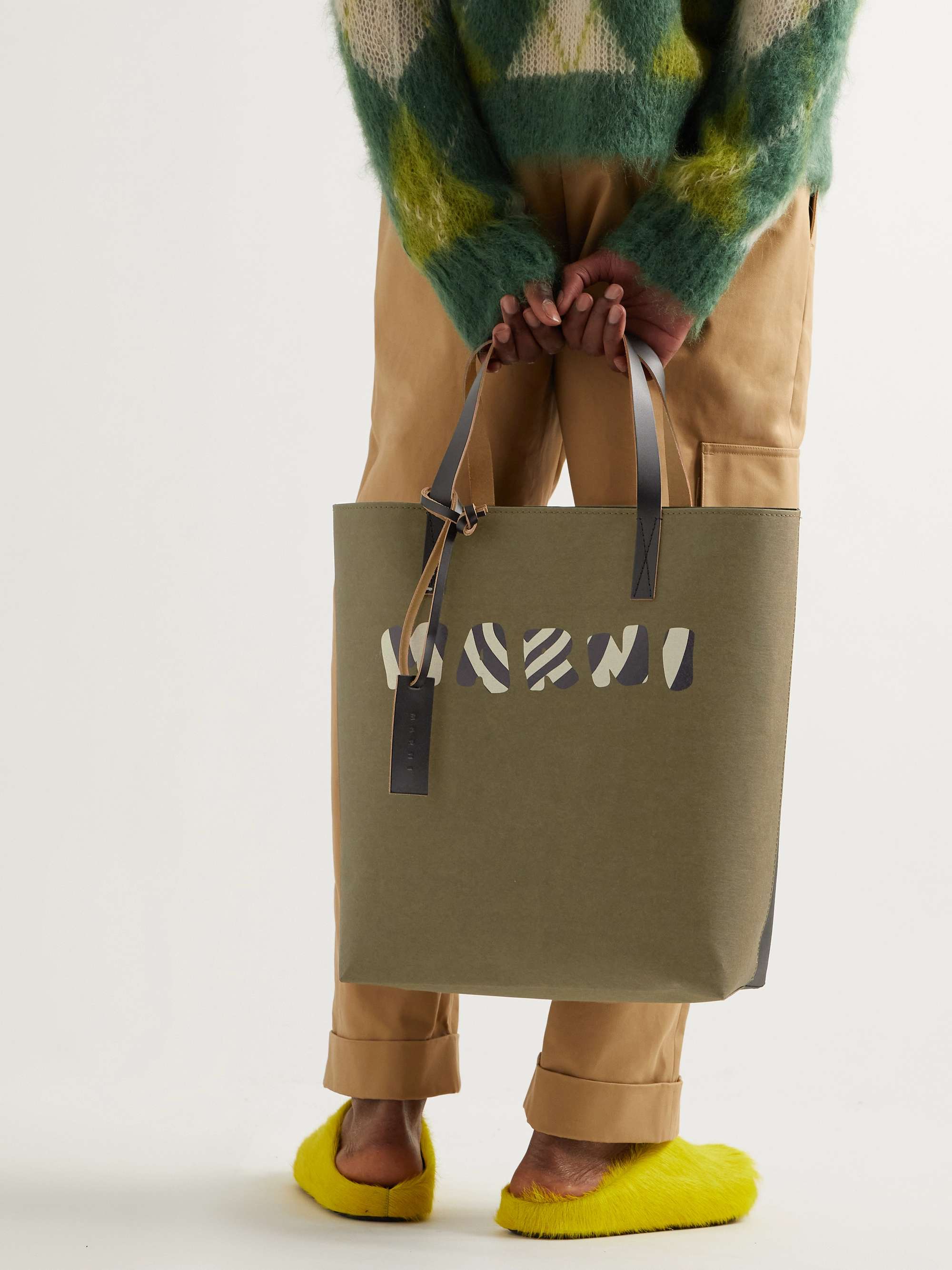 Army green Tribeca Leather-Trimmed Logo-Print Coated-Paper Tote Bag ...