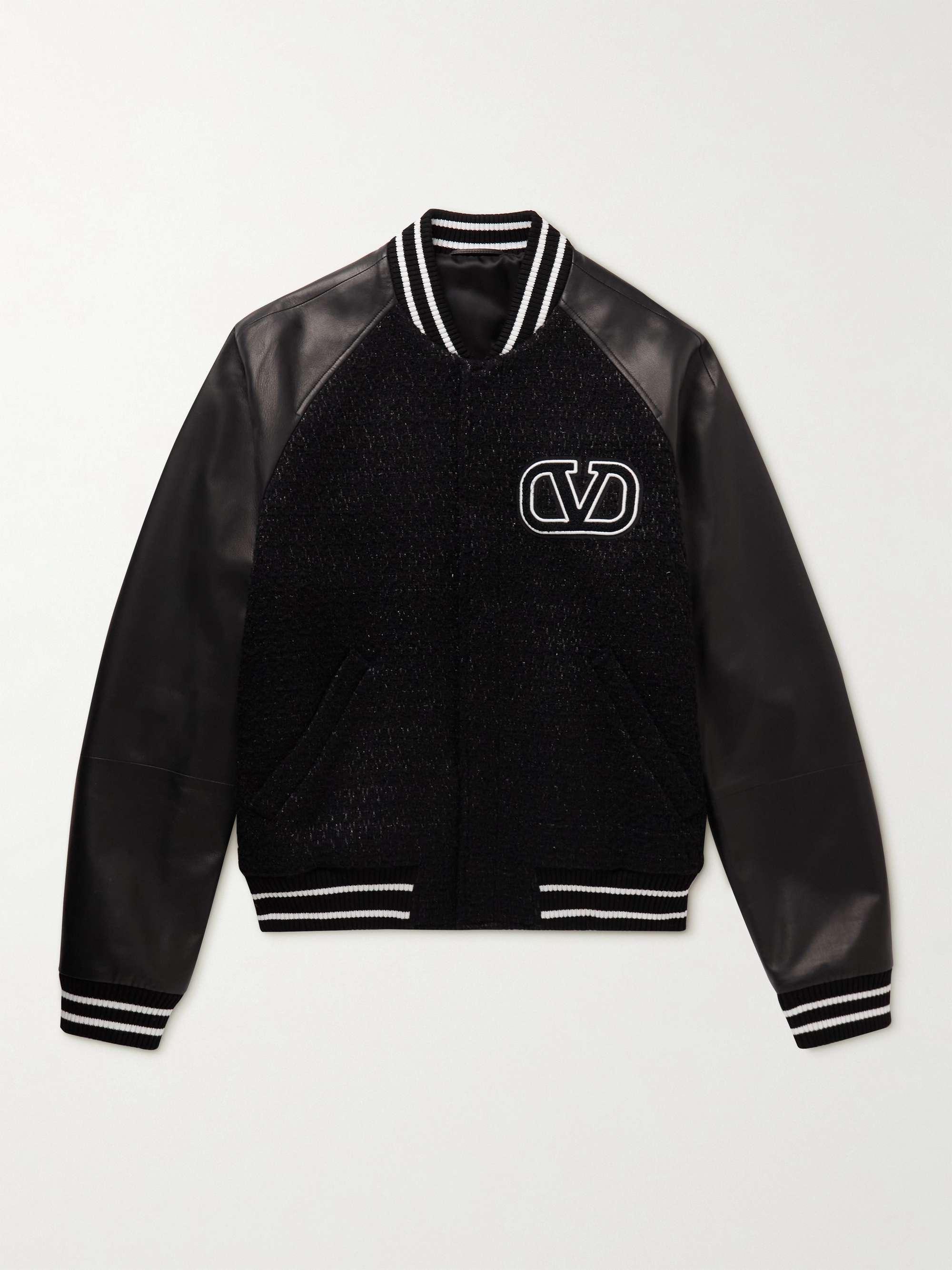 VALENTINO Logo-Appliquéd Metallic Bouclé-Tweed and Leather Varsity Jacket