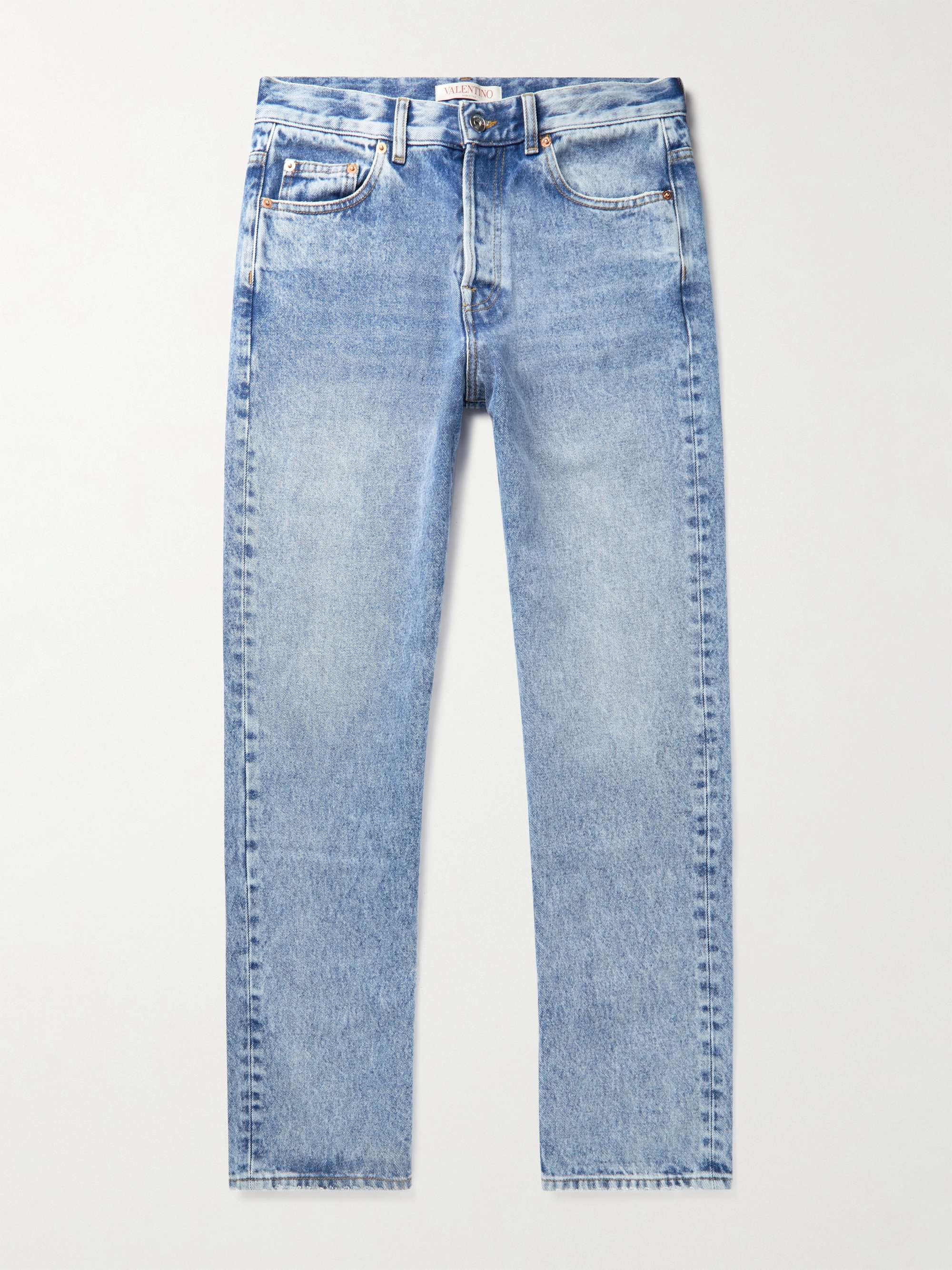 발렌티 청바지노 Valentino Straight-Leg Logo-Detailed Distressed Denim Jeans,Indigo