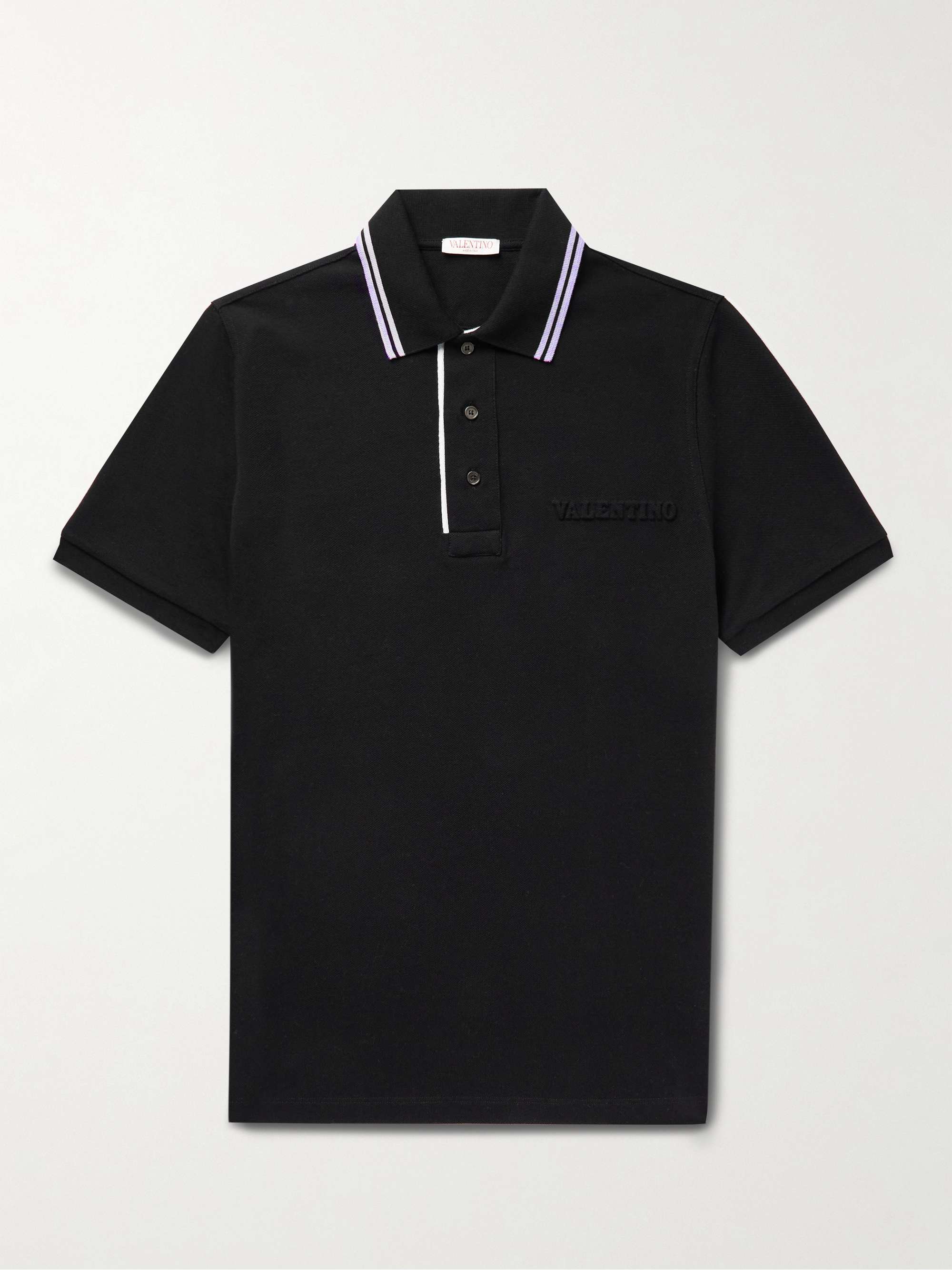 발렌티노 반팔티 Valentino Logo-Embossed Cotton-Pique Polo Shirt,Black