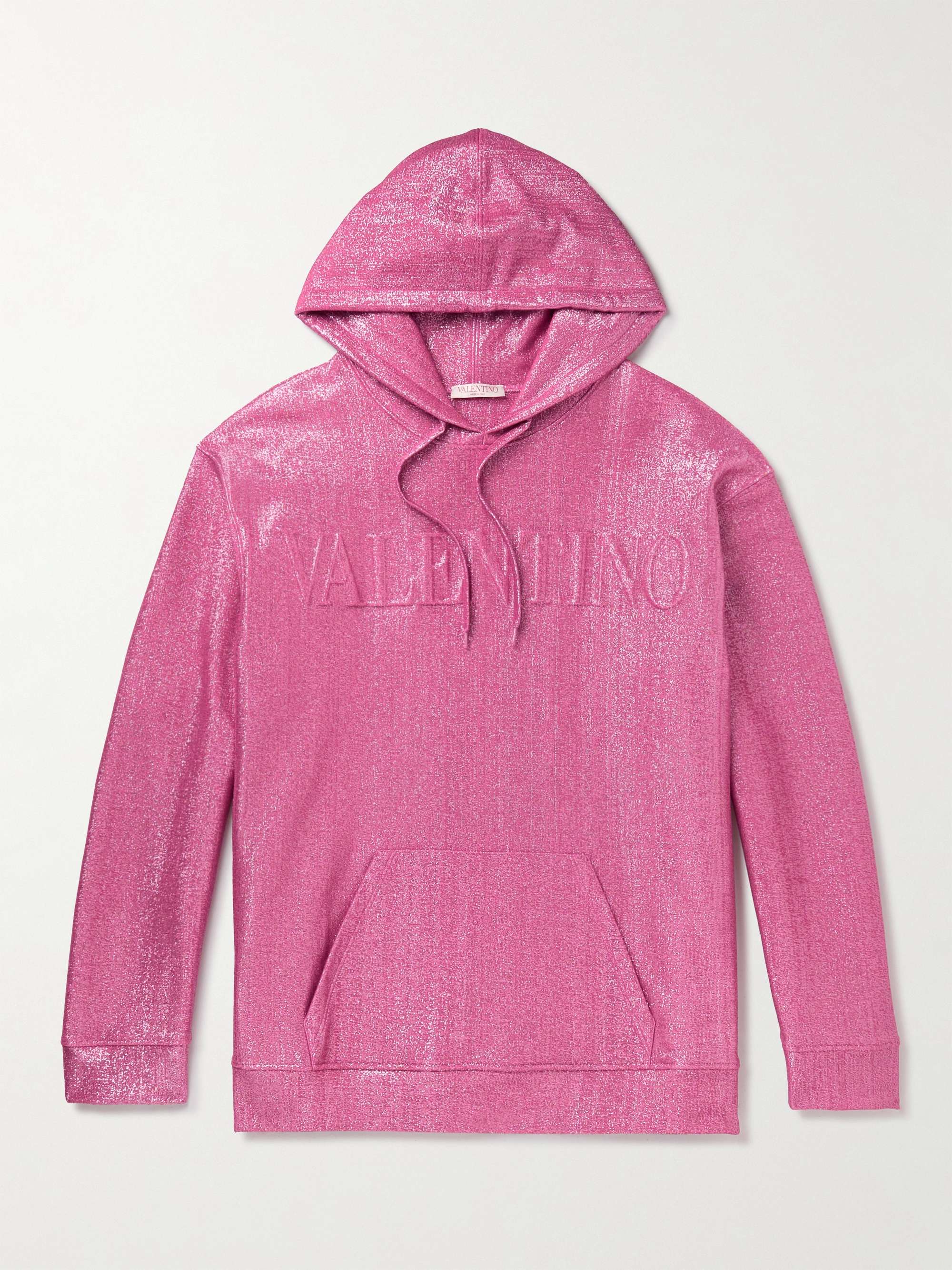 발렌티노 후드티 Valentino Logo-Embossed Metallic Cotton-Blend Jersey Hoodie,Pink