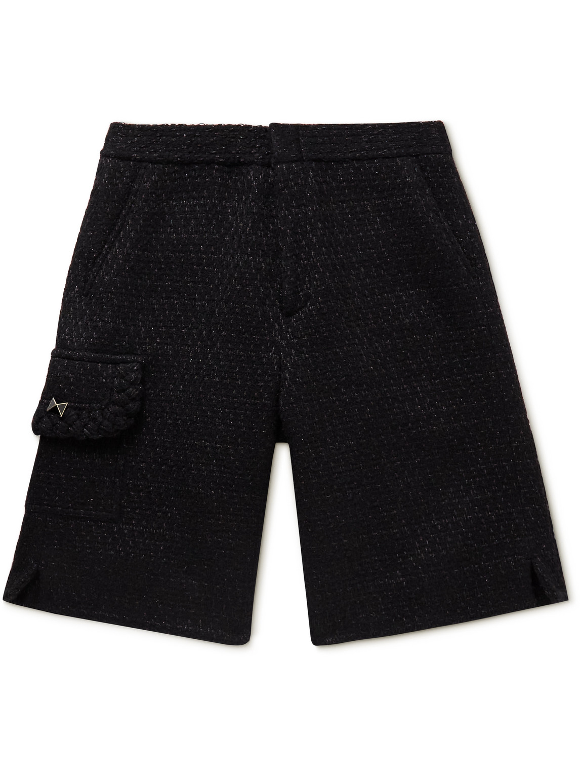 Wide-Leg Rockstud-Embellished Metallic Bouclé-Tweed Bermuda Shorts