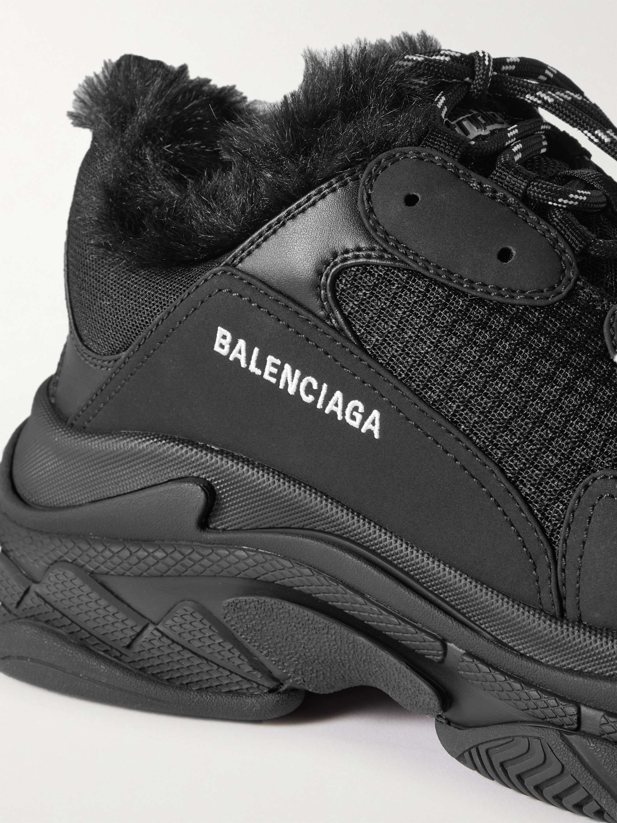 BALENCIAGA Triple S Faux Fur-Trimmed Mesh and Faux Leather Sneakers