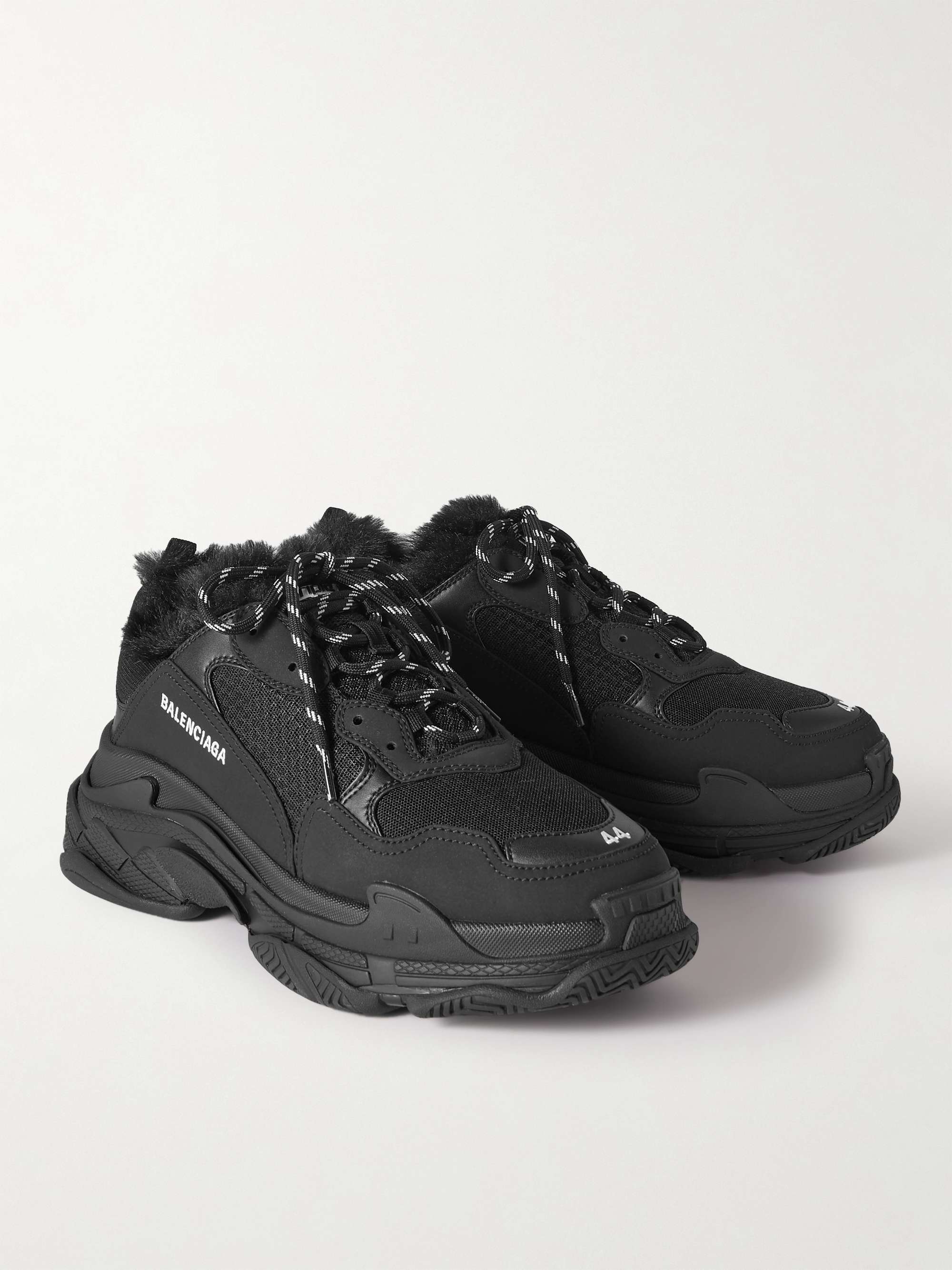 BALENCIAGA Triple S Faux Fur-Trimmed Mesh and Faux Leather Sneakers