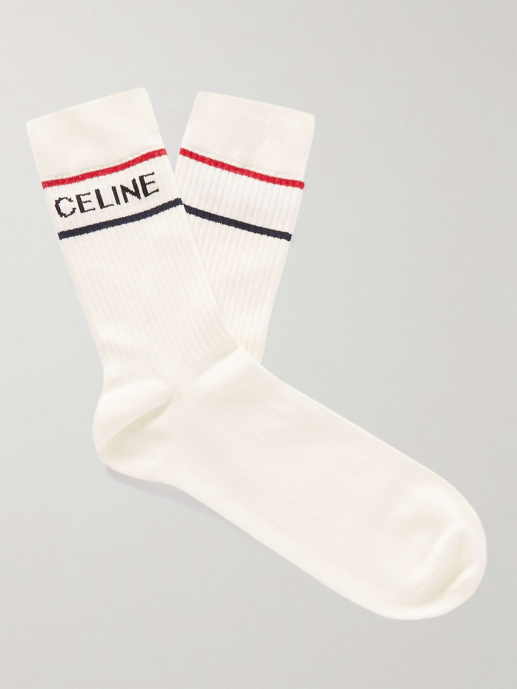 셀린느 옴므 CELINE HOMME Striped Cotton-Blend Socks,White