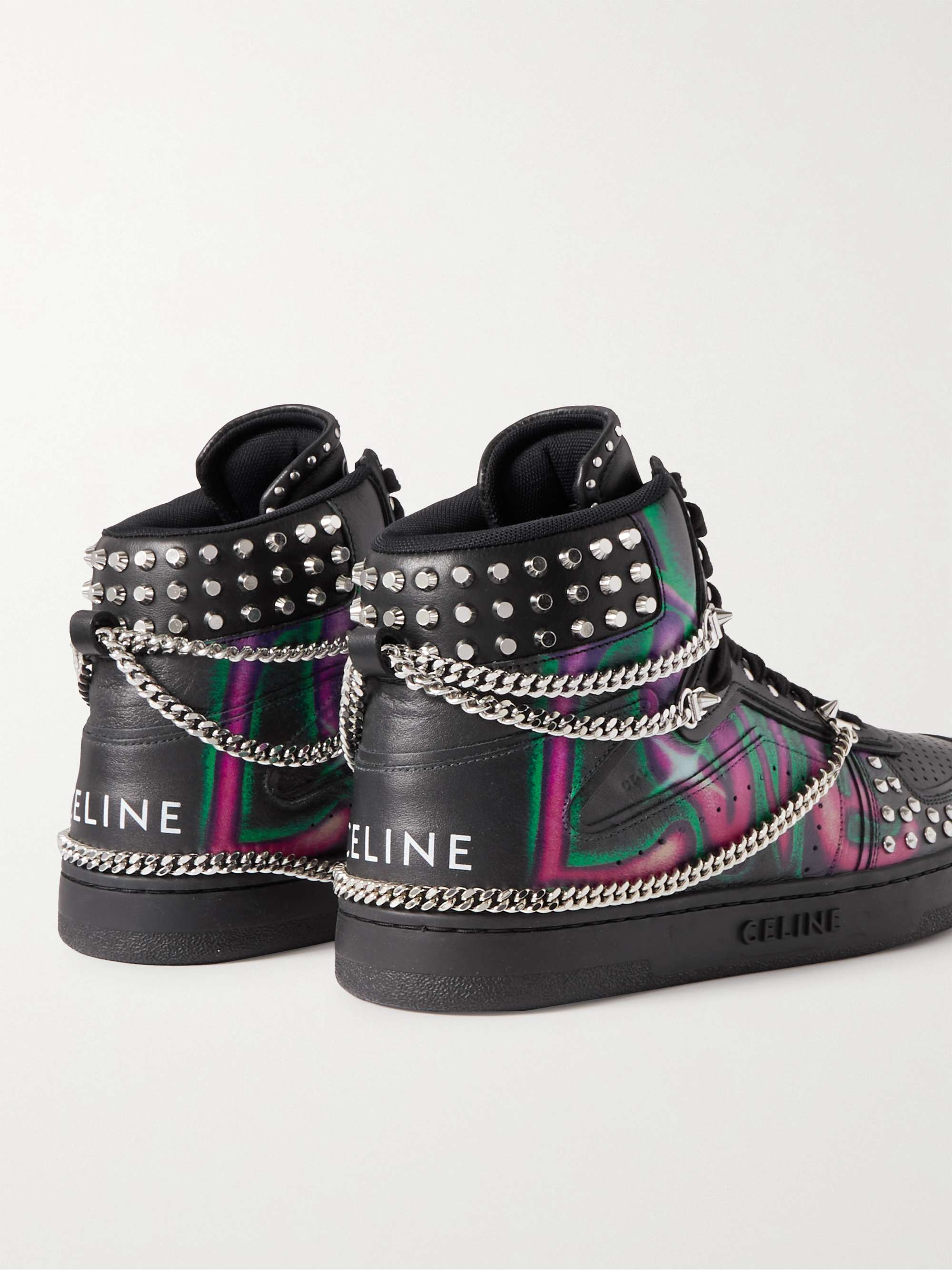 CELINE HOMME Z Stud Chain-Embellished Printed Leather High-Top Sneakers