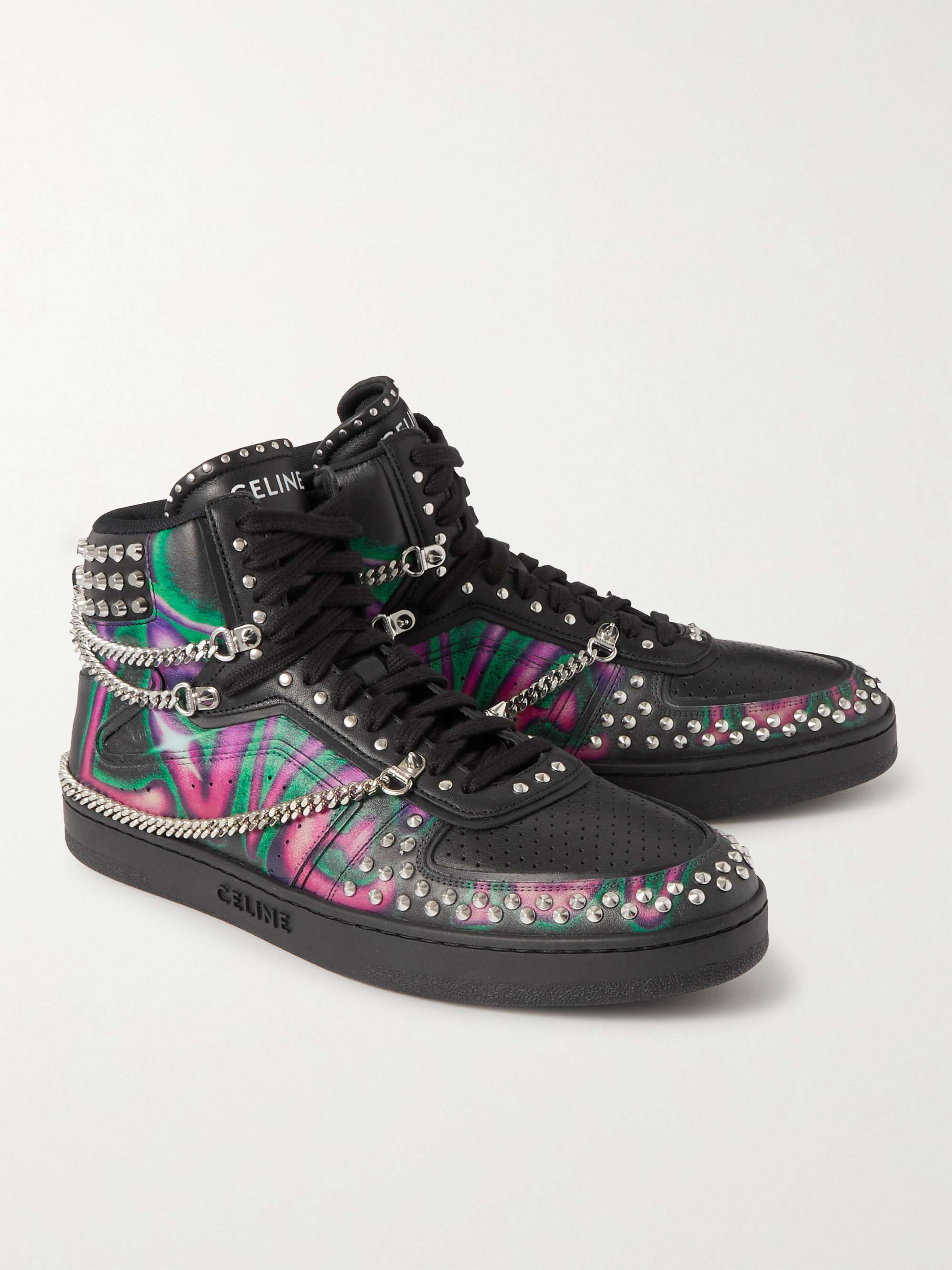 CELINE HOMME Z Stud Chain-Embellished Printed Leather High-Top Sneakers
