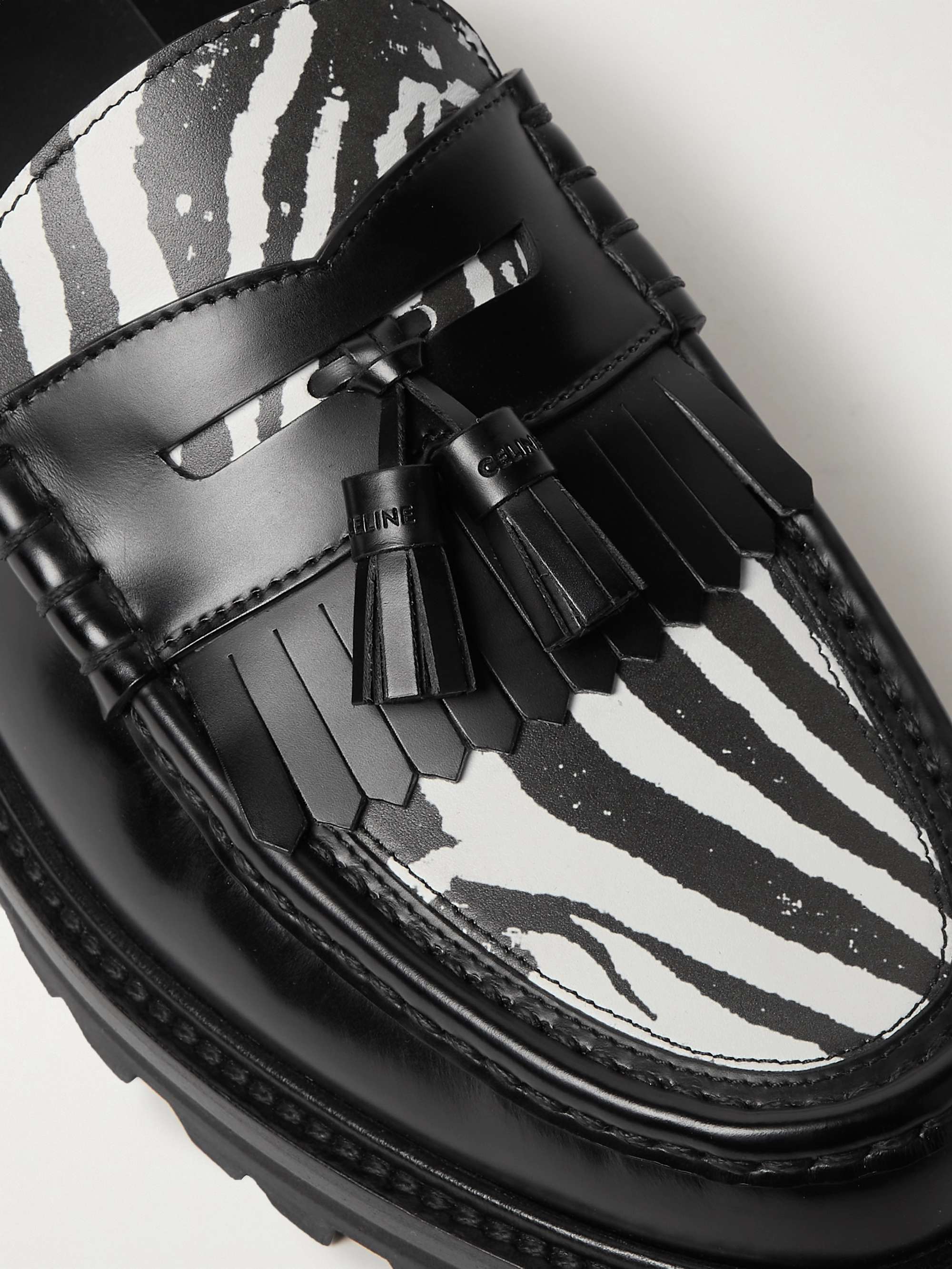 CELINE HOMME Triomphe Zebra-Print Leather Tasselled Loafers