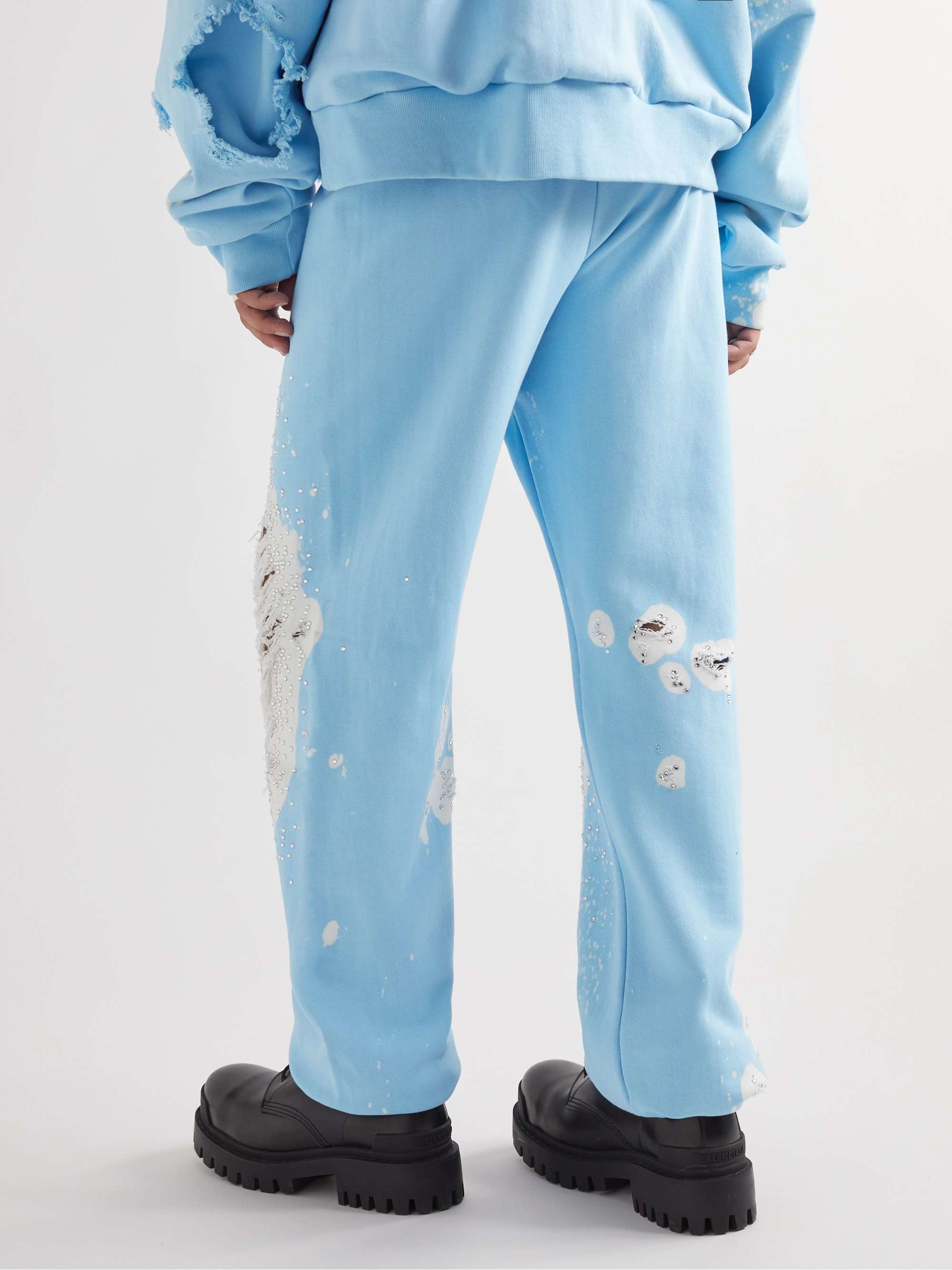 LIBERAL YOUTH MINISTRY Tapered Crystal-Embellished Distressed Cotton-Jersey Sweatpants