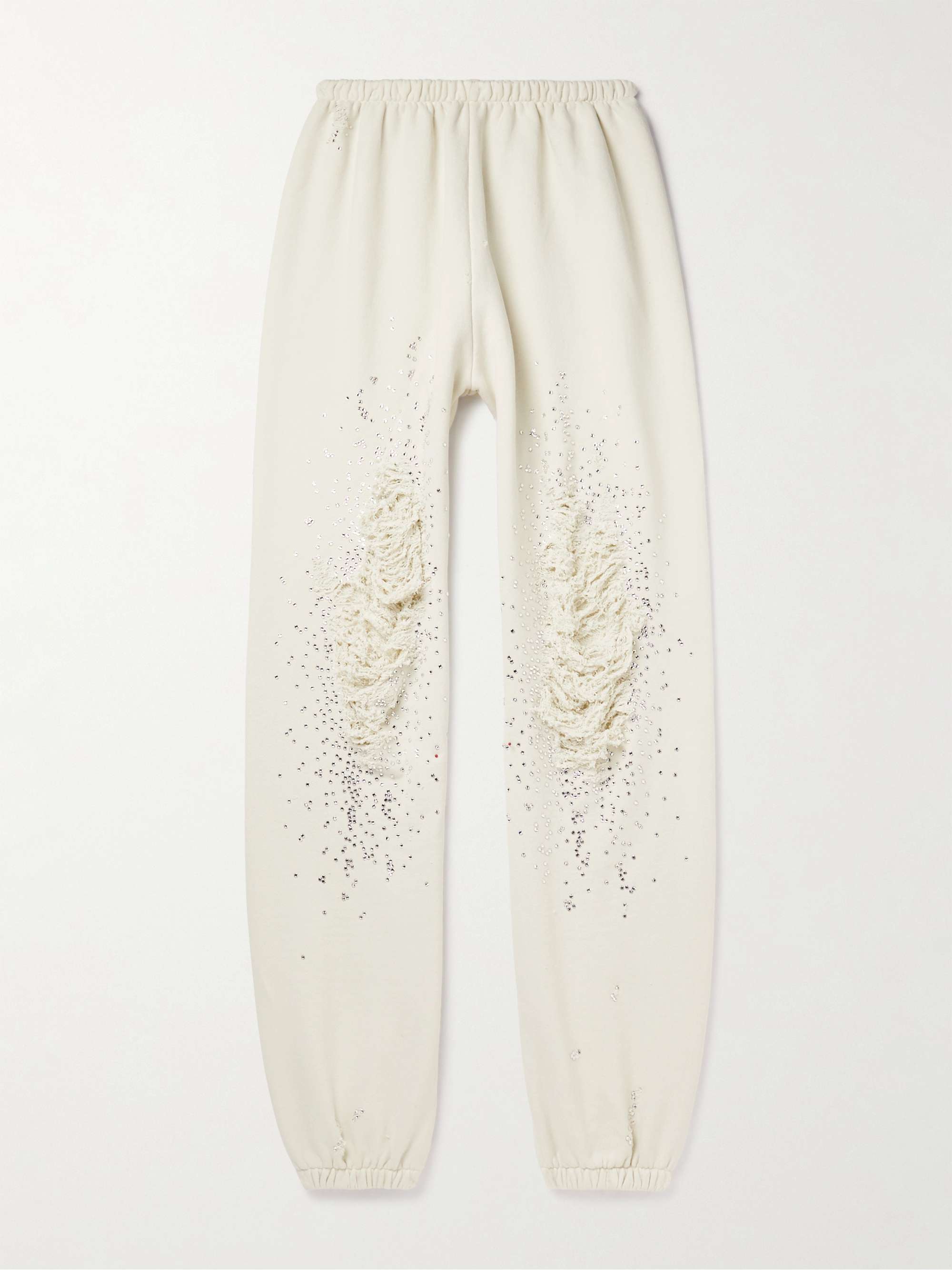 LIBERAL YOUTH MINISTRY Tapered Crystal-Embellished Distressed Cotton-Jersey Sweatpants