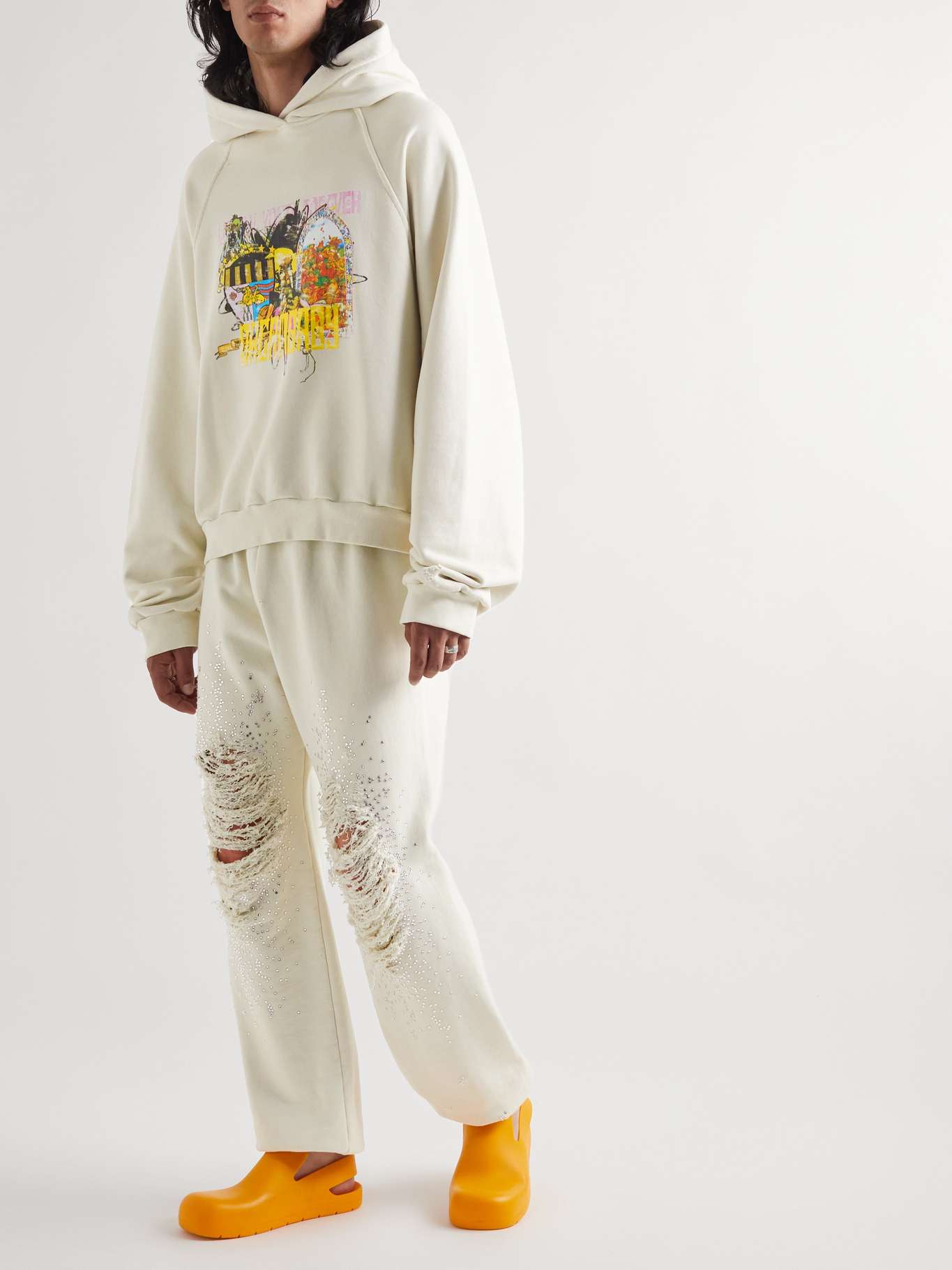 Ecru Tapered Crystal-Embellished Distressed Cotton-Jersey Sweatpants ...