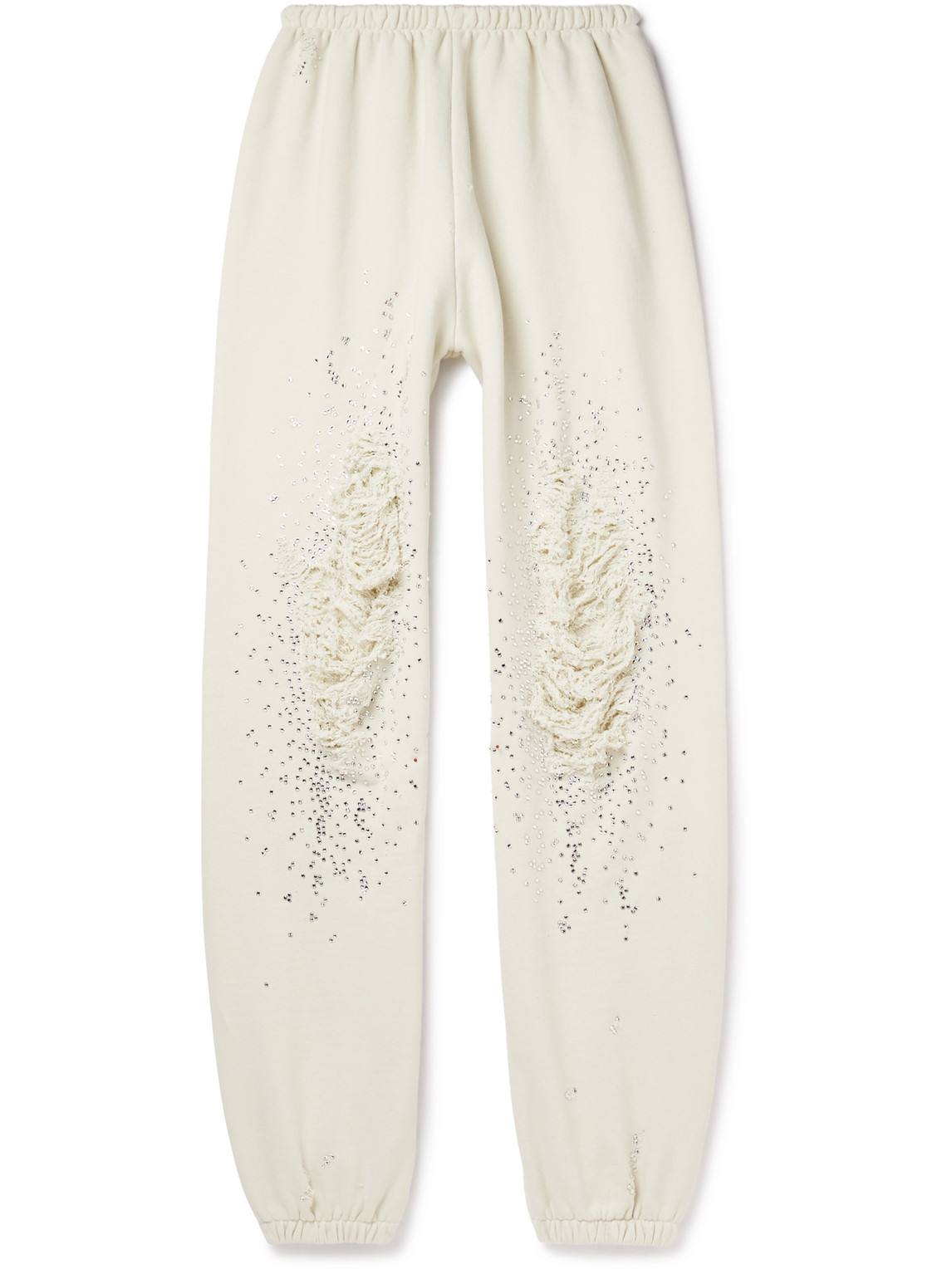 Liberal Youth Ministry Tapered Crystal-embellished Distressed Cotton-jersey Sweatpants In Neutrals