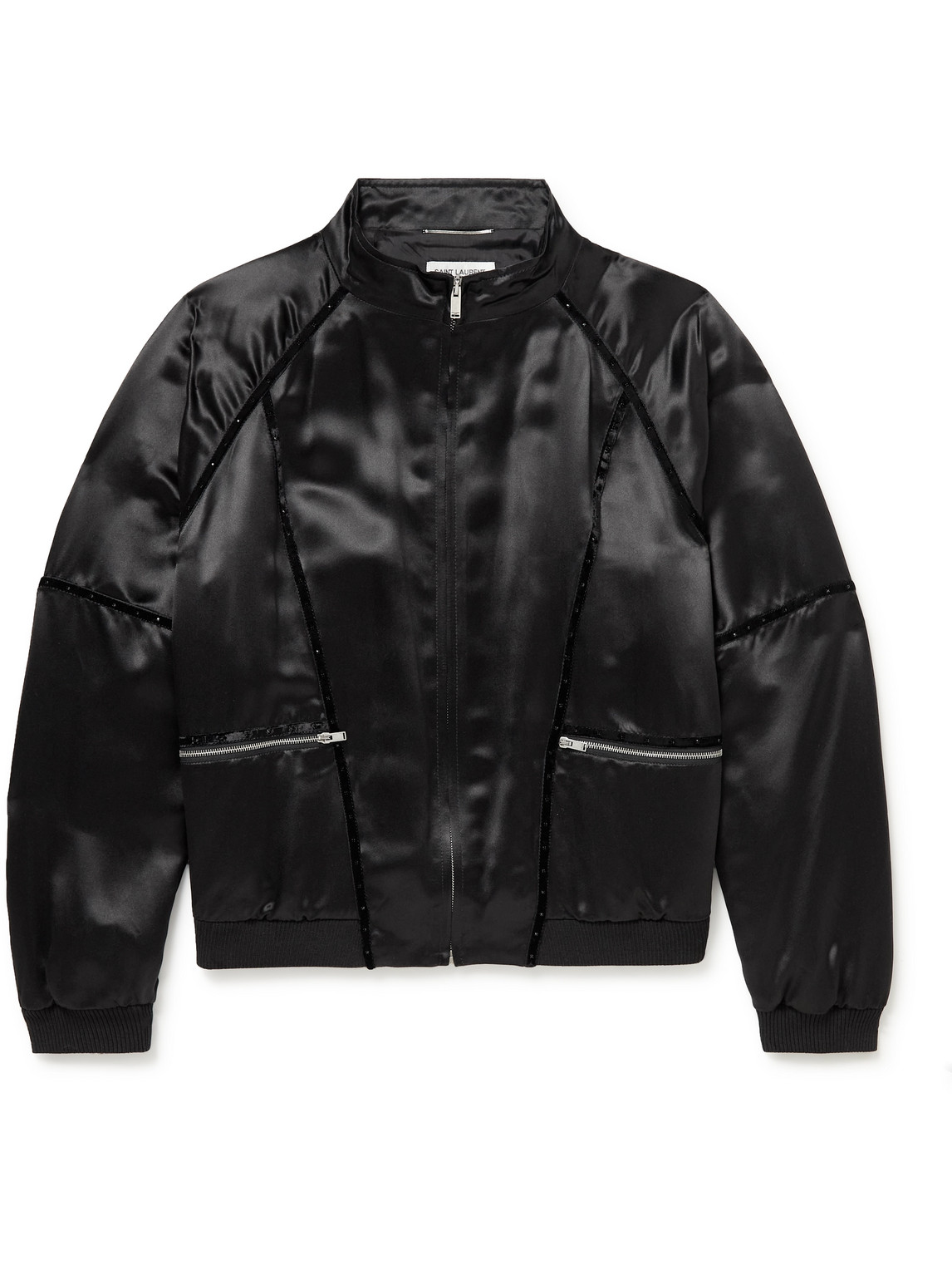Saint Laurent Teddy Embellished Velvet-trimmed Satin Bomber Jacket In Black