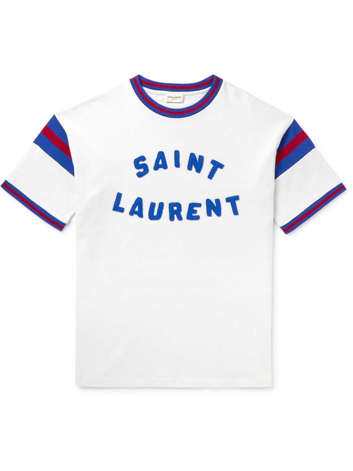 SAINT LAURENT Slim-Fit Logo-Appliquéd Striped Cotton-Blend Jersey T-Shirt