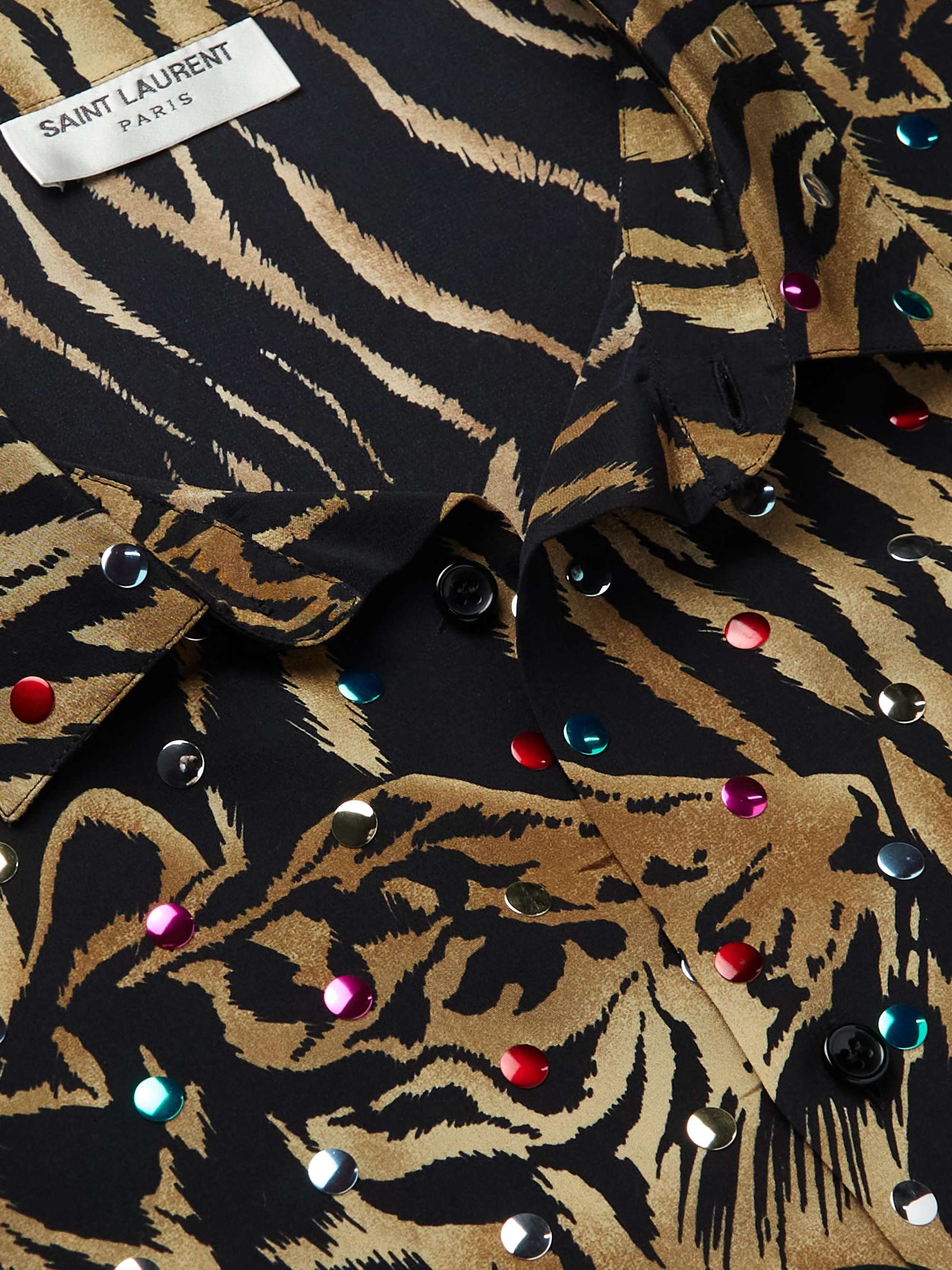 SAINT LAURENT Studded Printed Silk Crepe de Chine Shirt