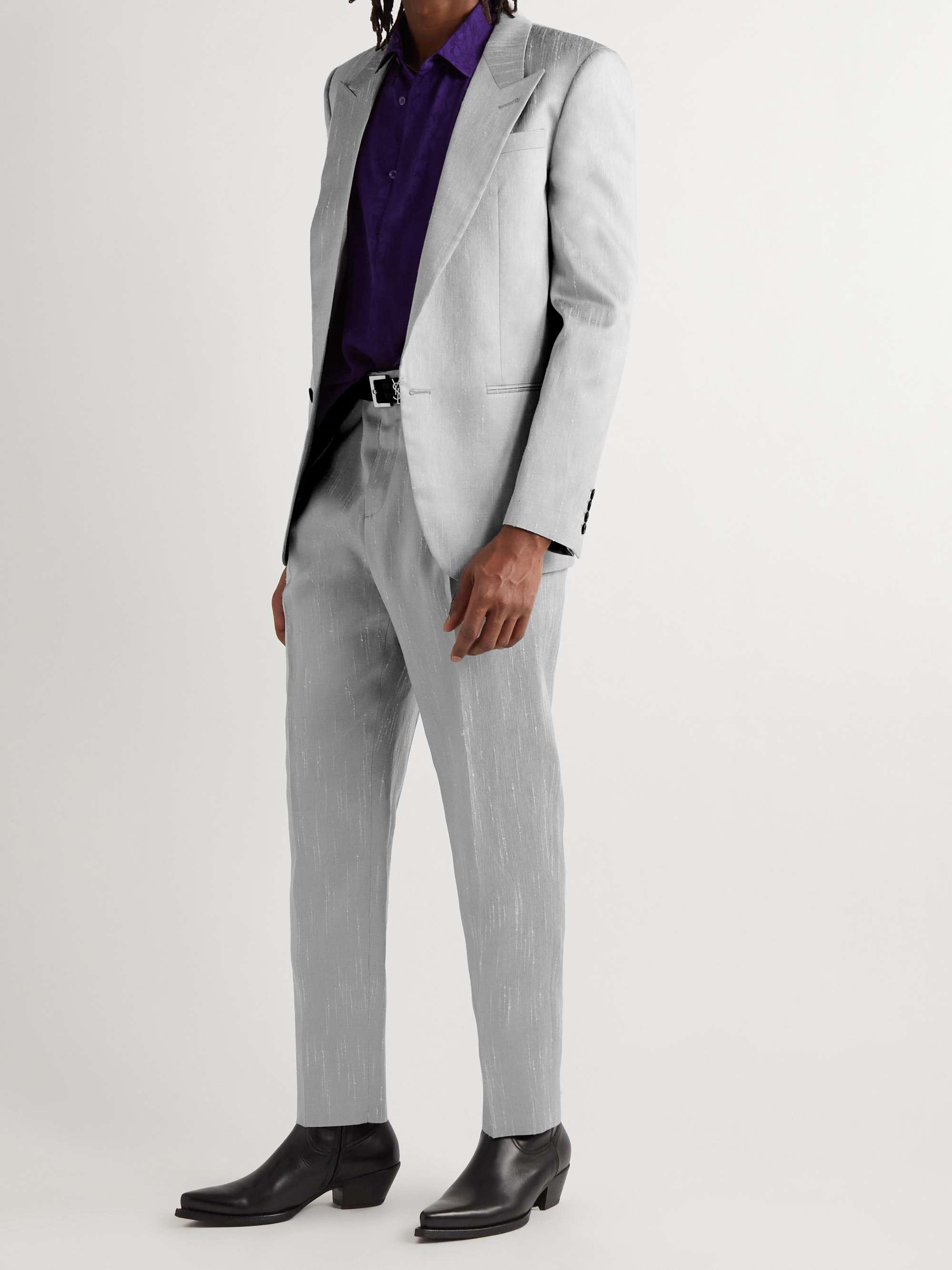 Silver Straight-Leg Pleated Dupioni Suit Trousers | SAINT LAURENT 