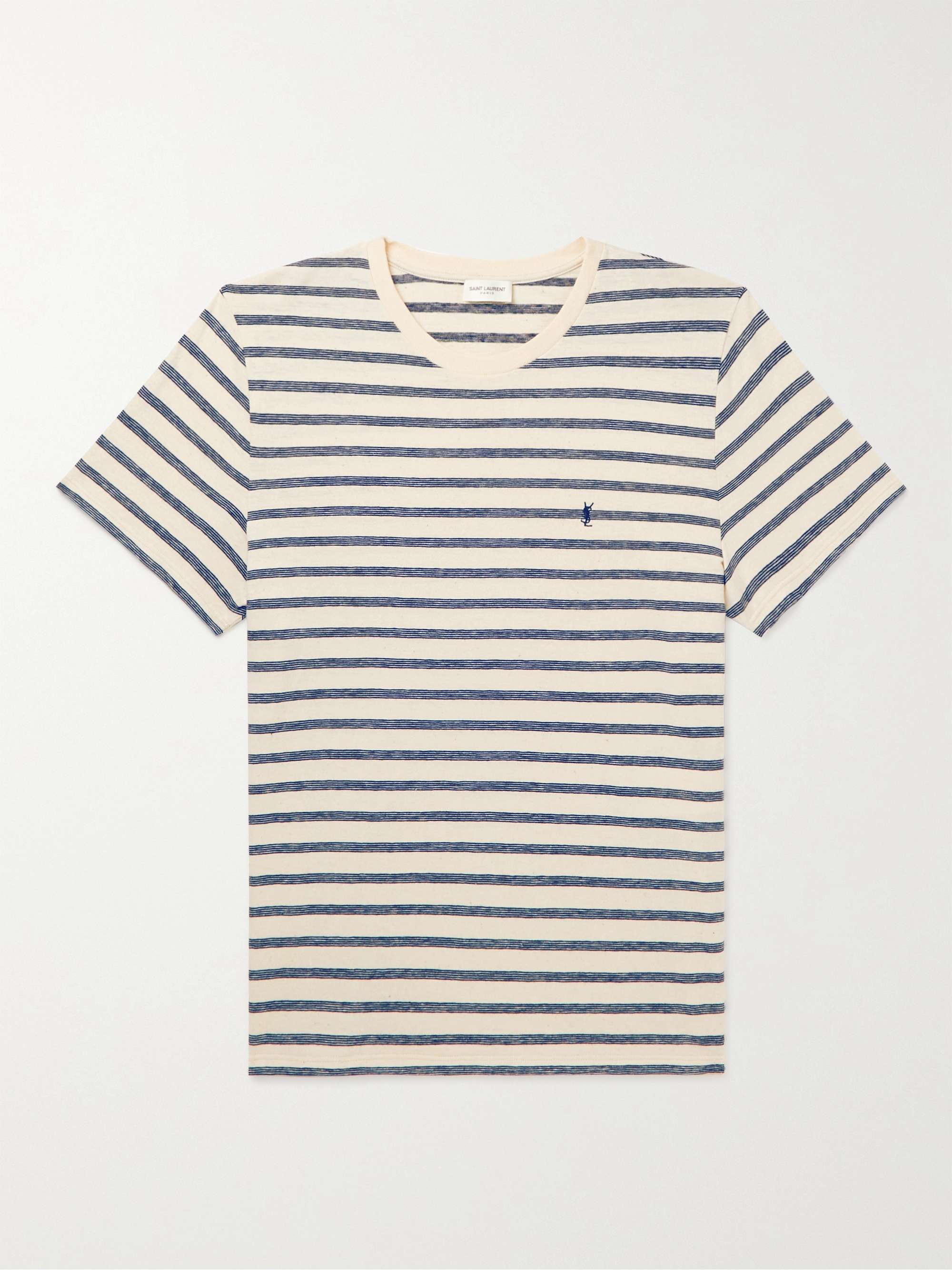SAINT LAURENT Slim-Fit Logo-Embroidered Striped Cotton-Jersey T-Shirt