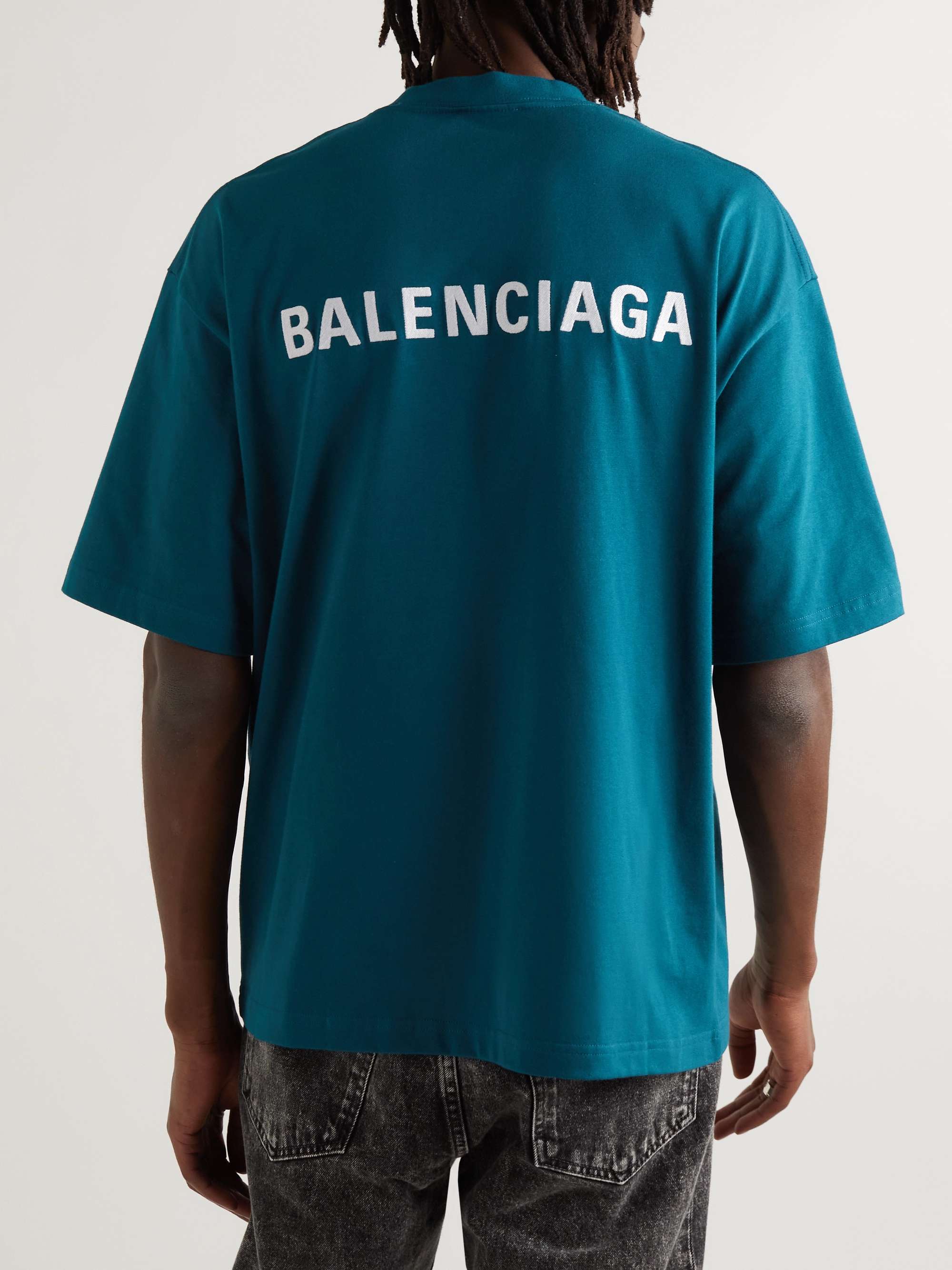 Teal Oversized Logo-Embroidered Cotton-Jersey T-Shirt | BALENCIAGA 