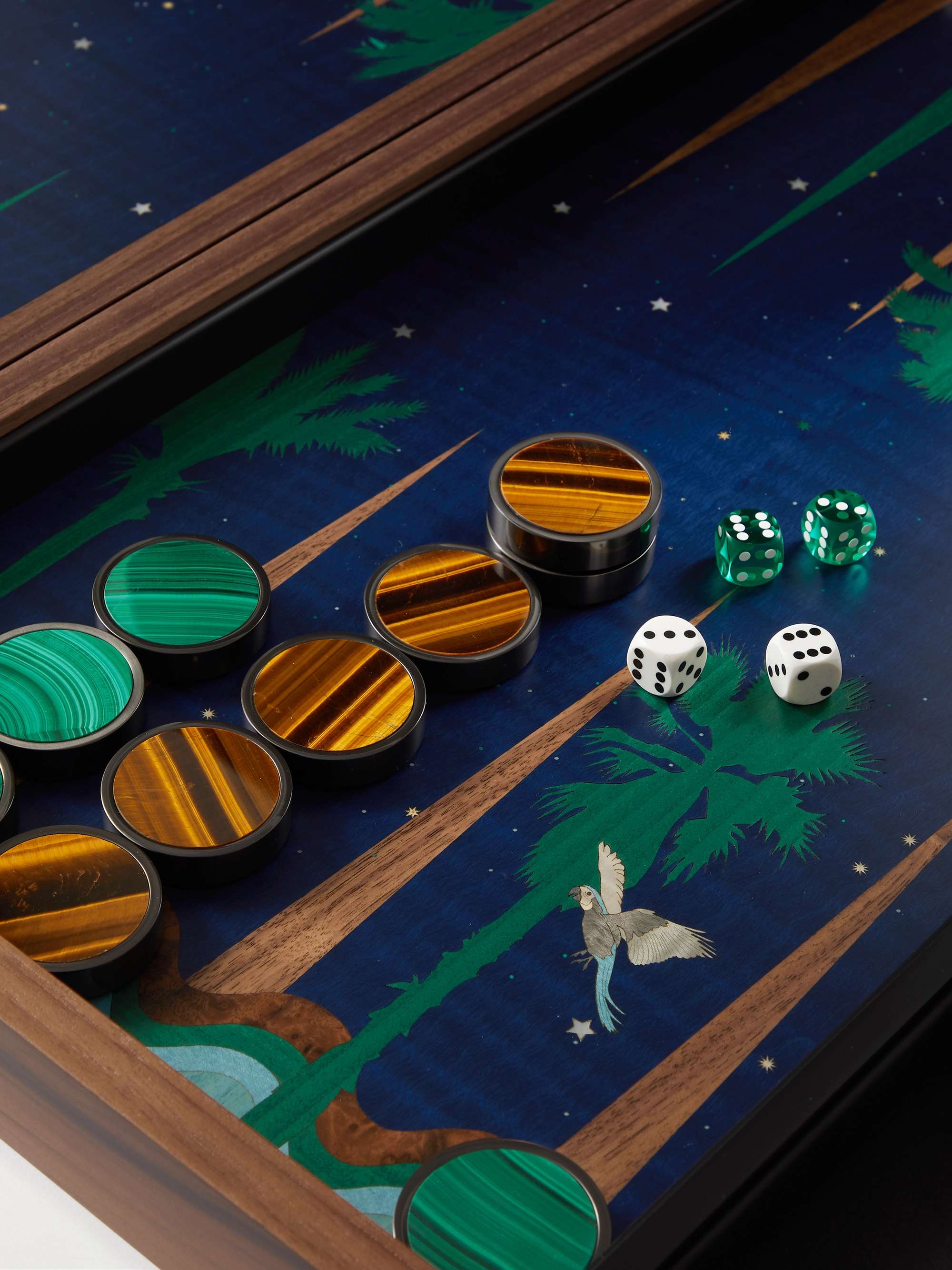 ALEXANDRA LLEWELLYN Midnight Marquetry Wood, Leather and Multi-Stone Backgammon Set