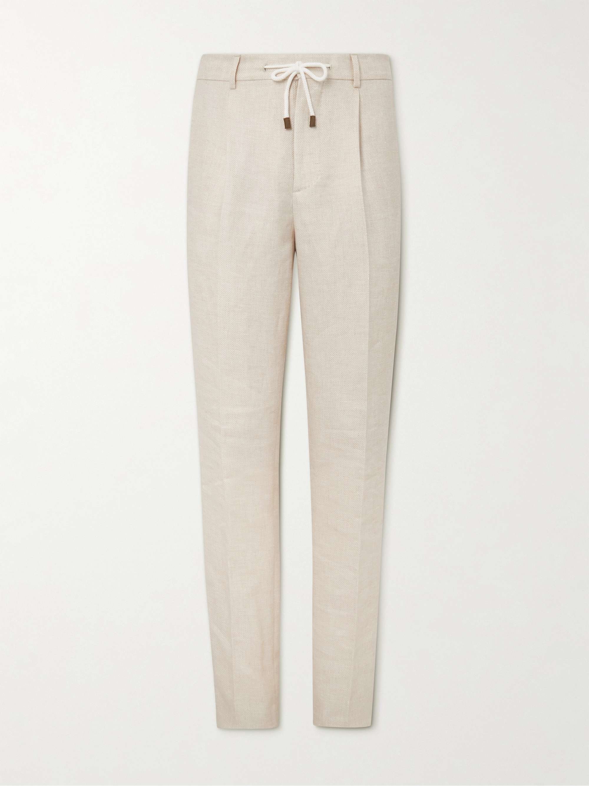 BRUNELLO CUCINELLI Straight-Leg Pleated Linen, Wool and Silk-Blend Drawstring Suit Trousers