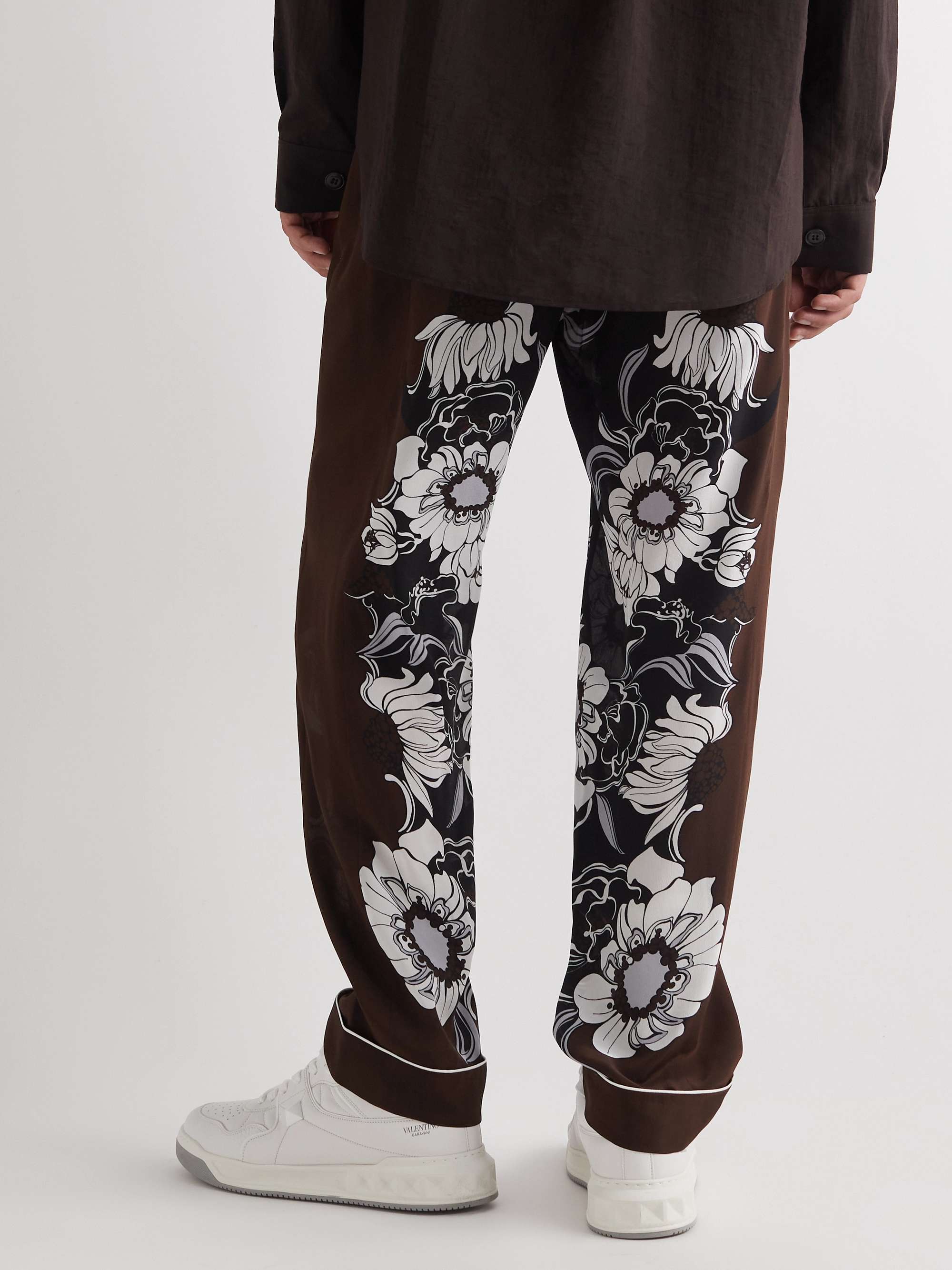Brown Straight-Leg Floral-Print Silk-Crepe Trousers | VALENTINO 
