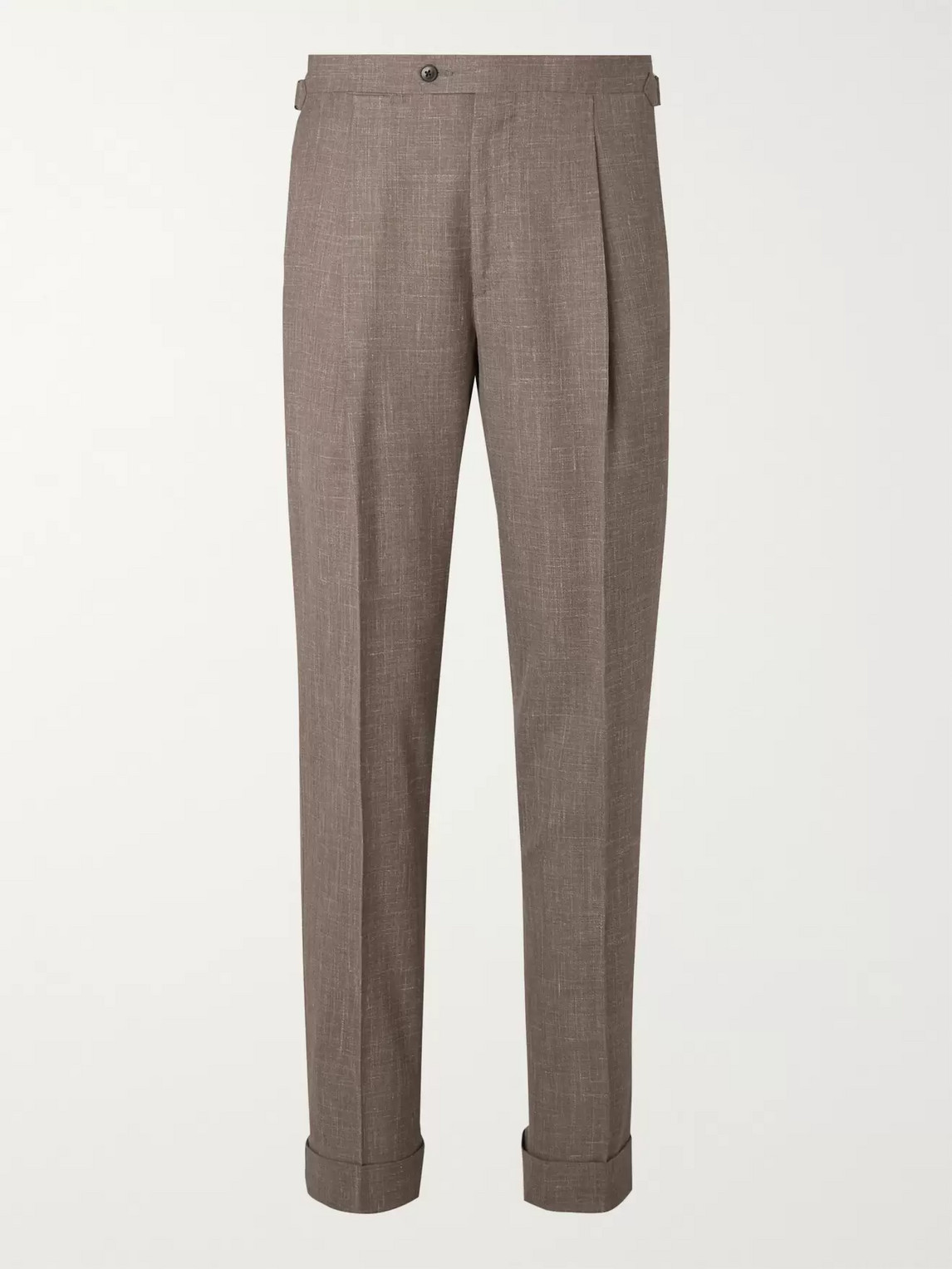 Saman Amel Taupe Tapered Pleated Mélange Wool, Silk And Linen-blend Suit Trousers In Brown