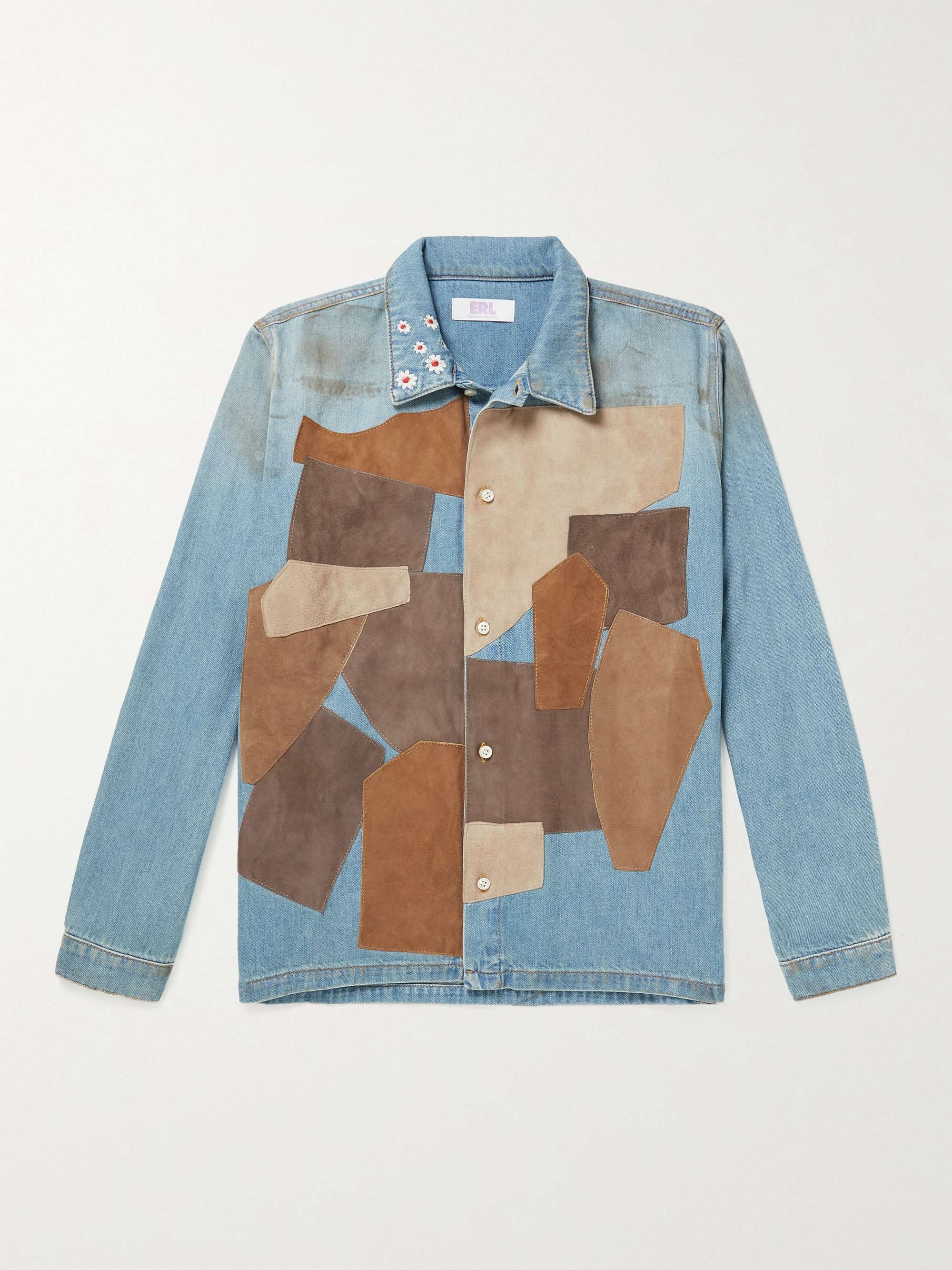 ERL KIDS Distressed Embroidered Suede-Panelled Denim Shirt