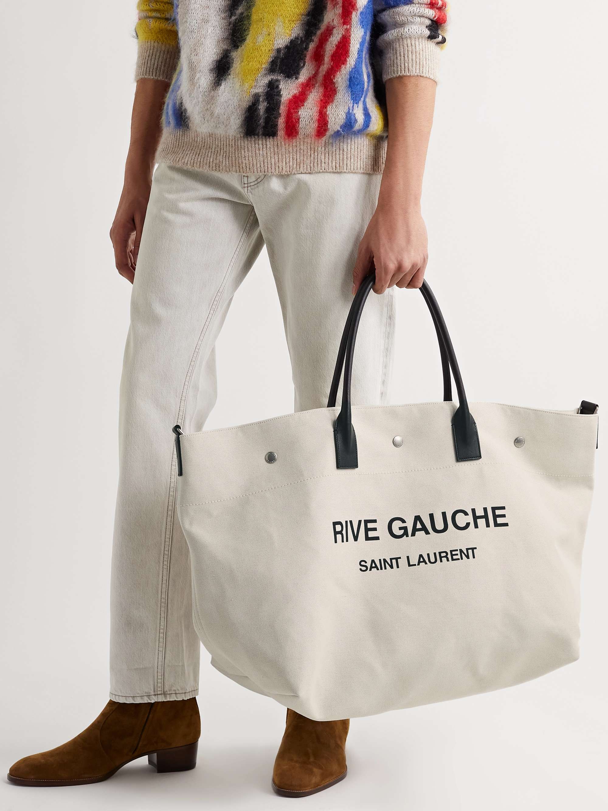 SAINT LAURENT Leather-Trimmed Logo-Print Canvas Tote Bag