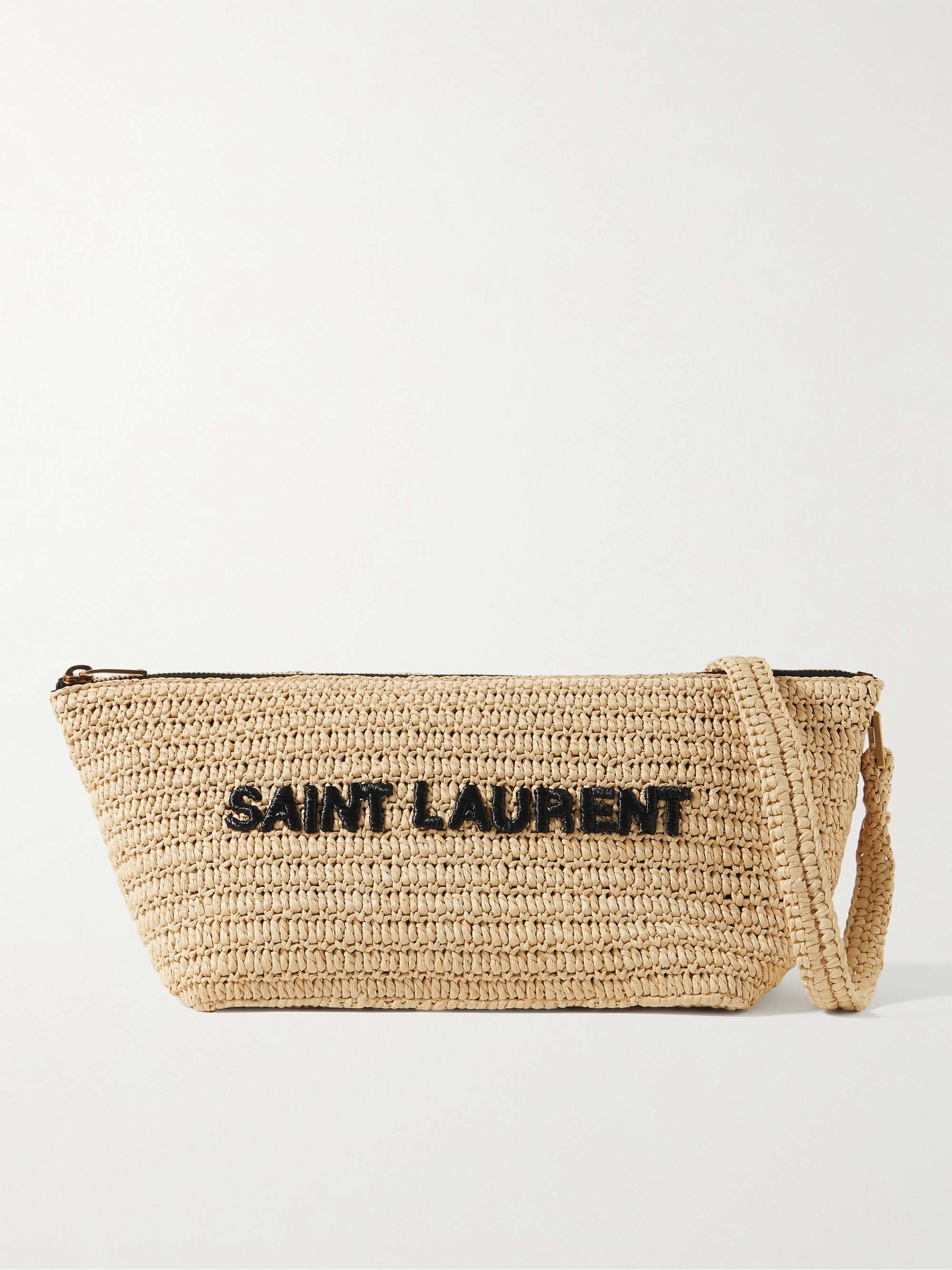 SAINT LAURENT Logo-Embroidered Raffia Messenger Bag