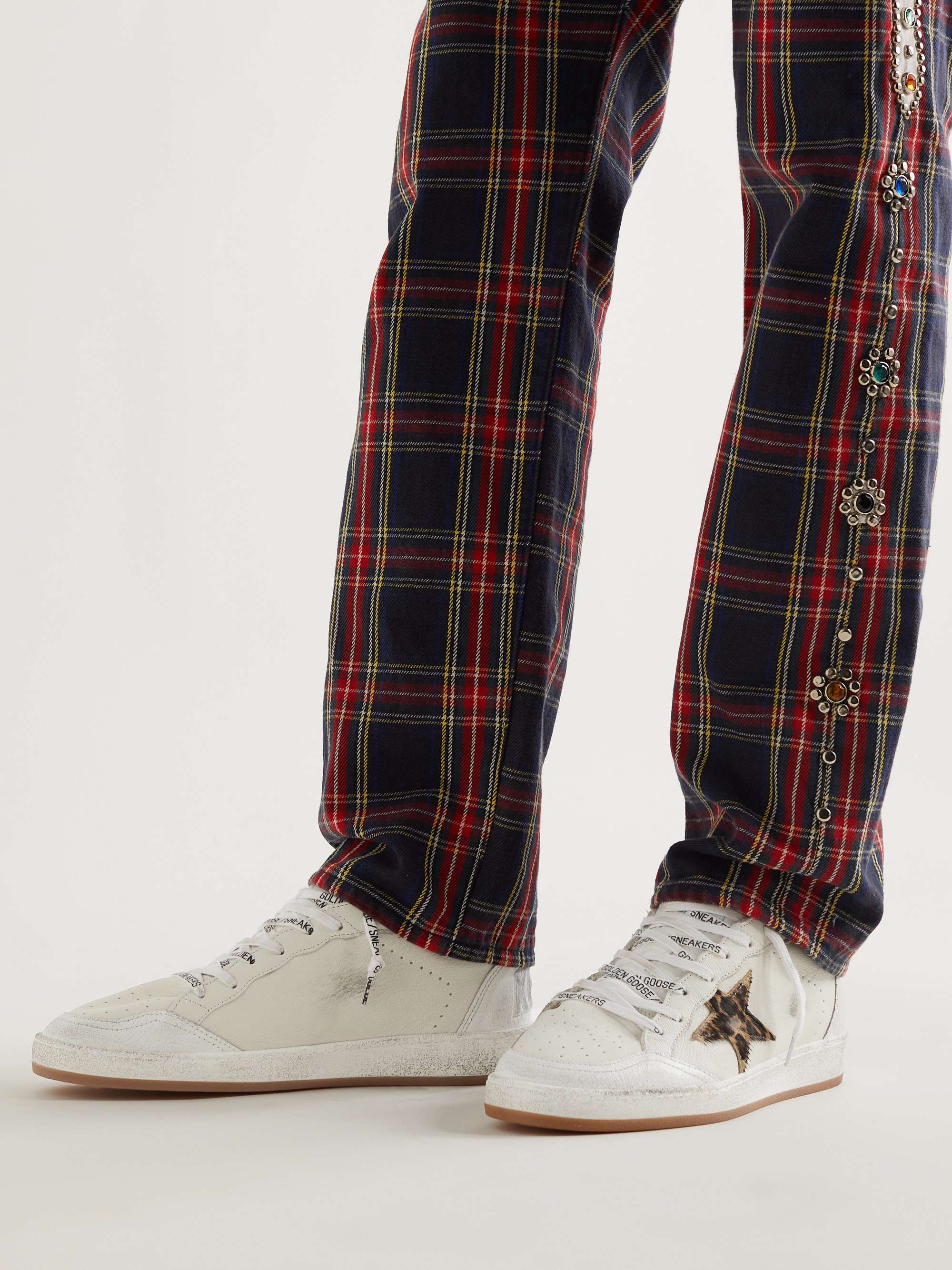 GOLDEN GOOSE Ballstar Distressed Calf Hair-Trimmed Leather Sneakers