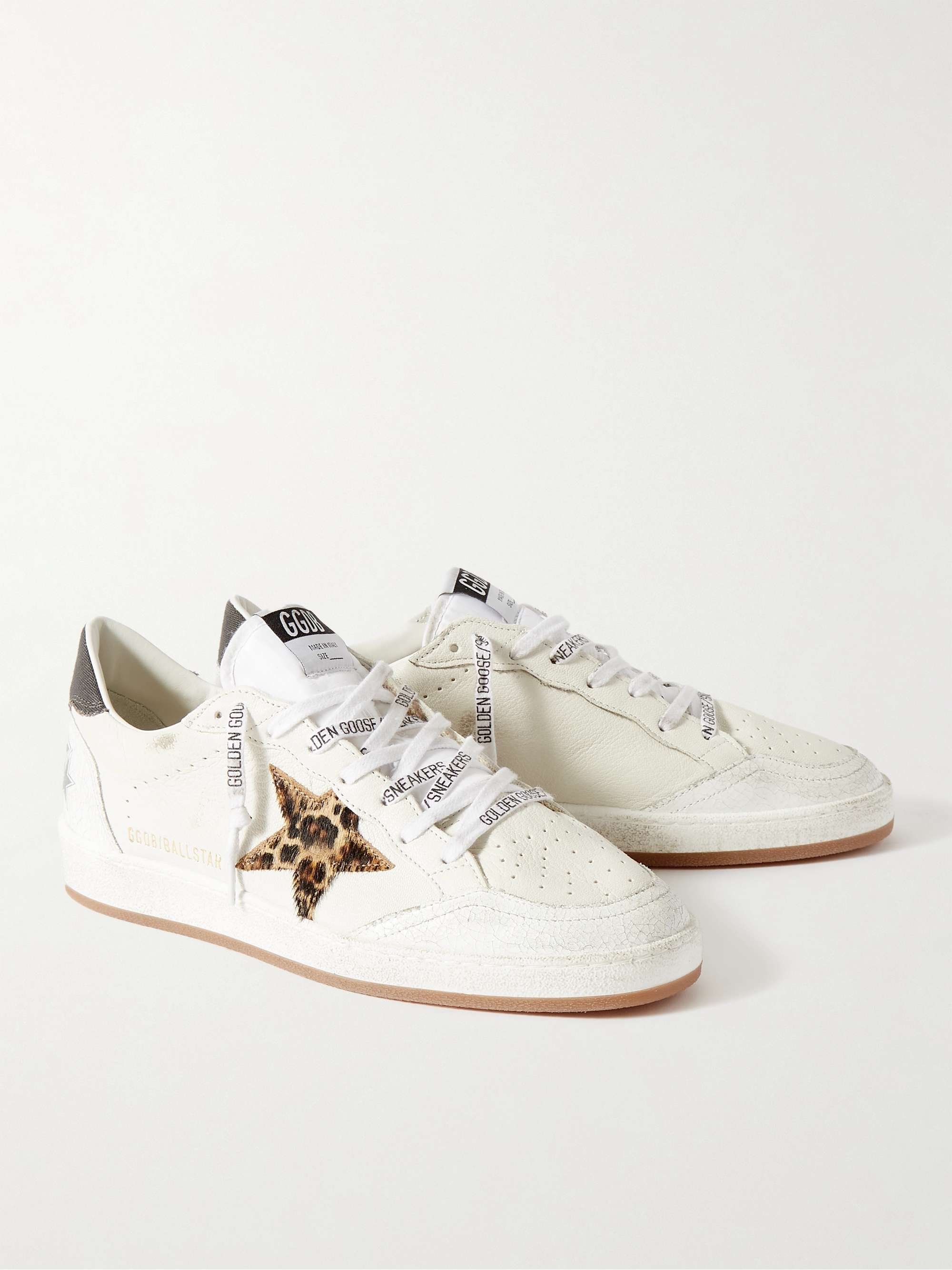 GOLDEN GOOSE Ballstar Distressed Calf Hair-Trimmed Leather Sneakers