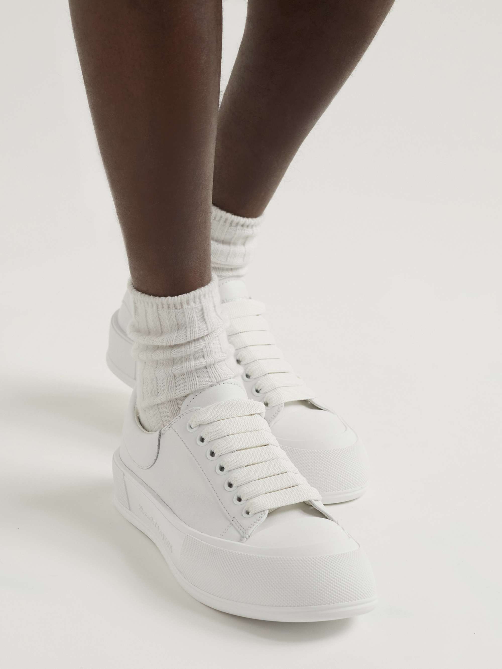 White Exaggerated-Sole Logo-Embossed Leather Sneakers | ALEXANDER 