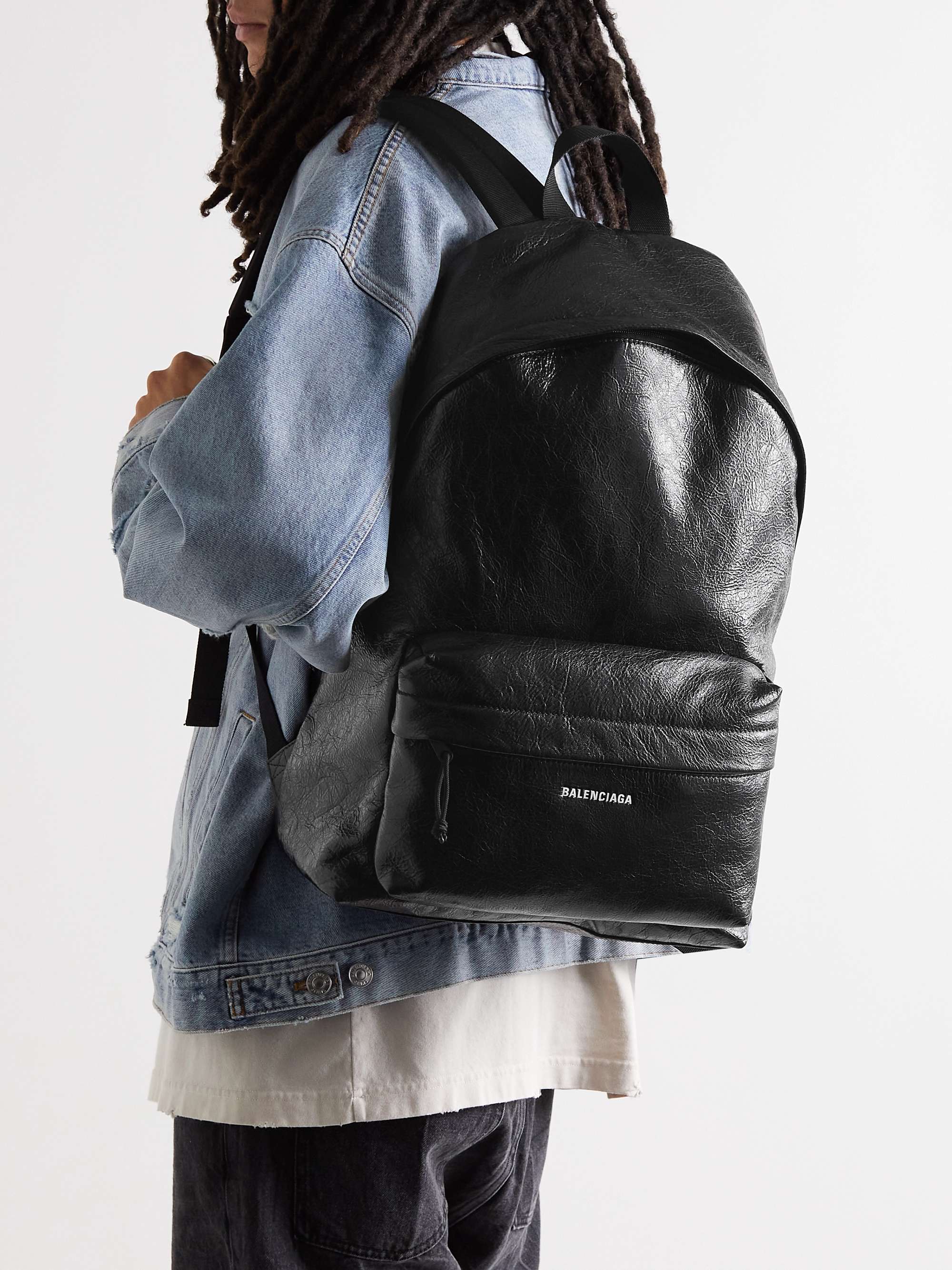 BALENCIAGA Logo-Print Crinkled-Leather Backpack