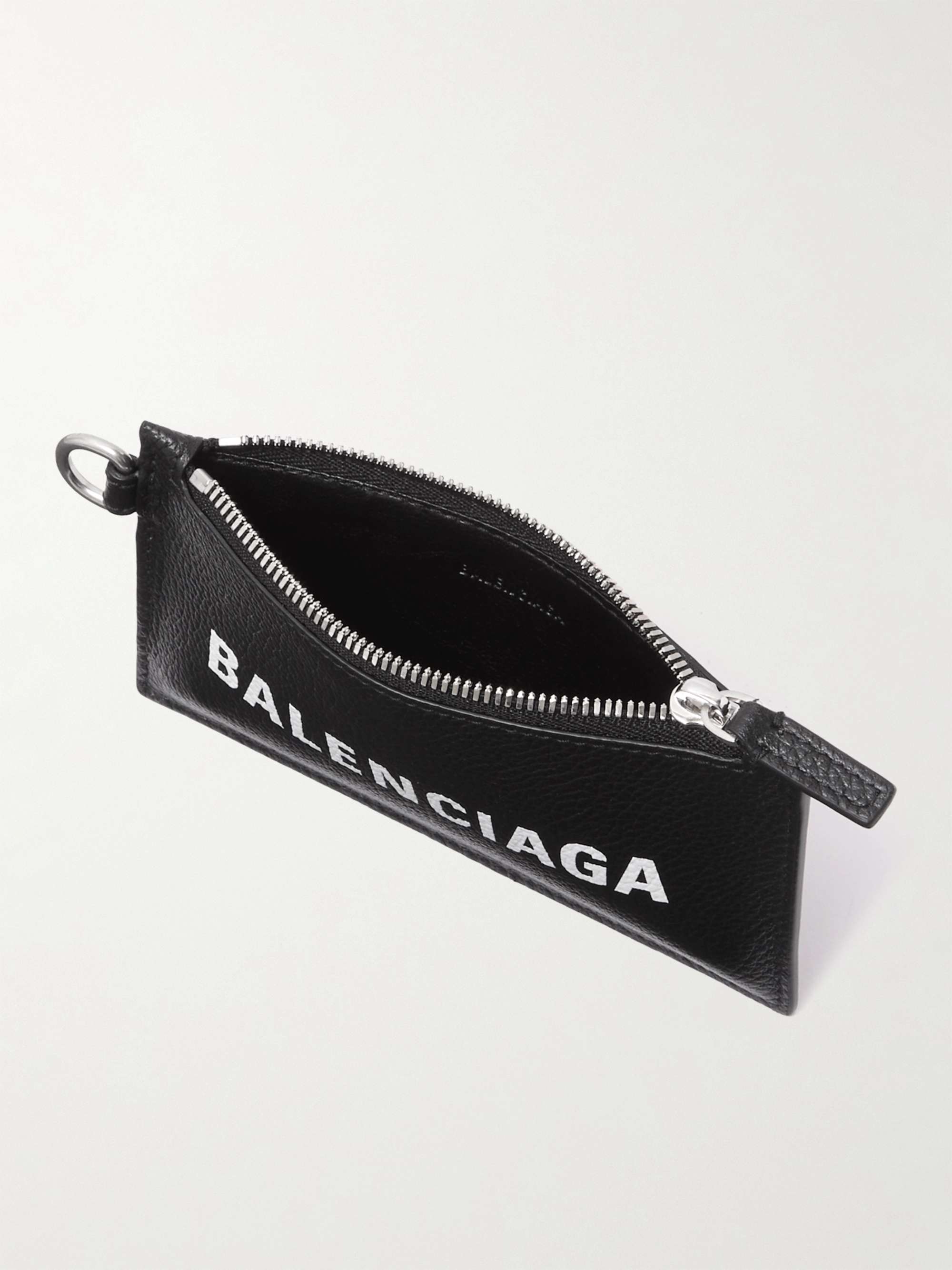 BALENCIAGA Reflective Logo-Print Leather Zipped Cardholder with Lanyard