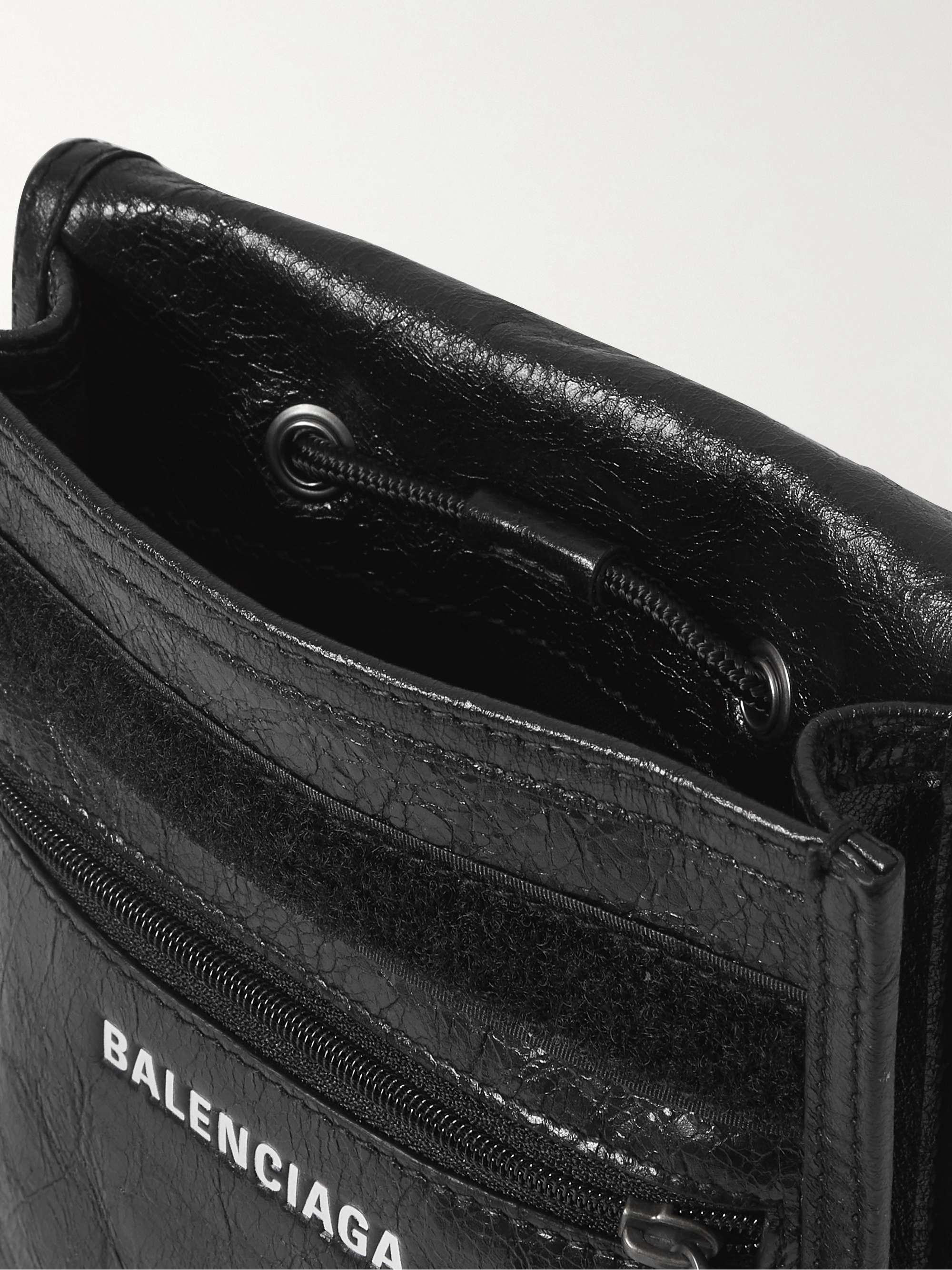 BALENCIAGA Explorer Logo-Print Crinkled-Leather Messenger Bag
