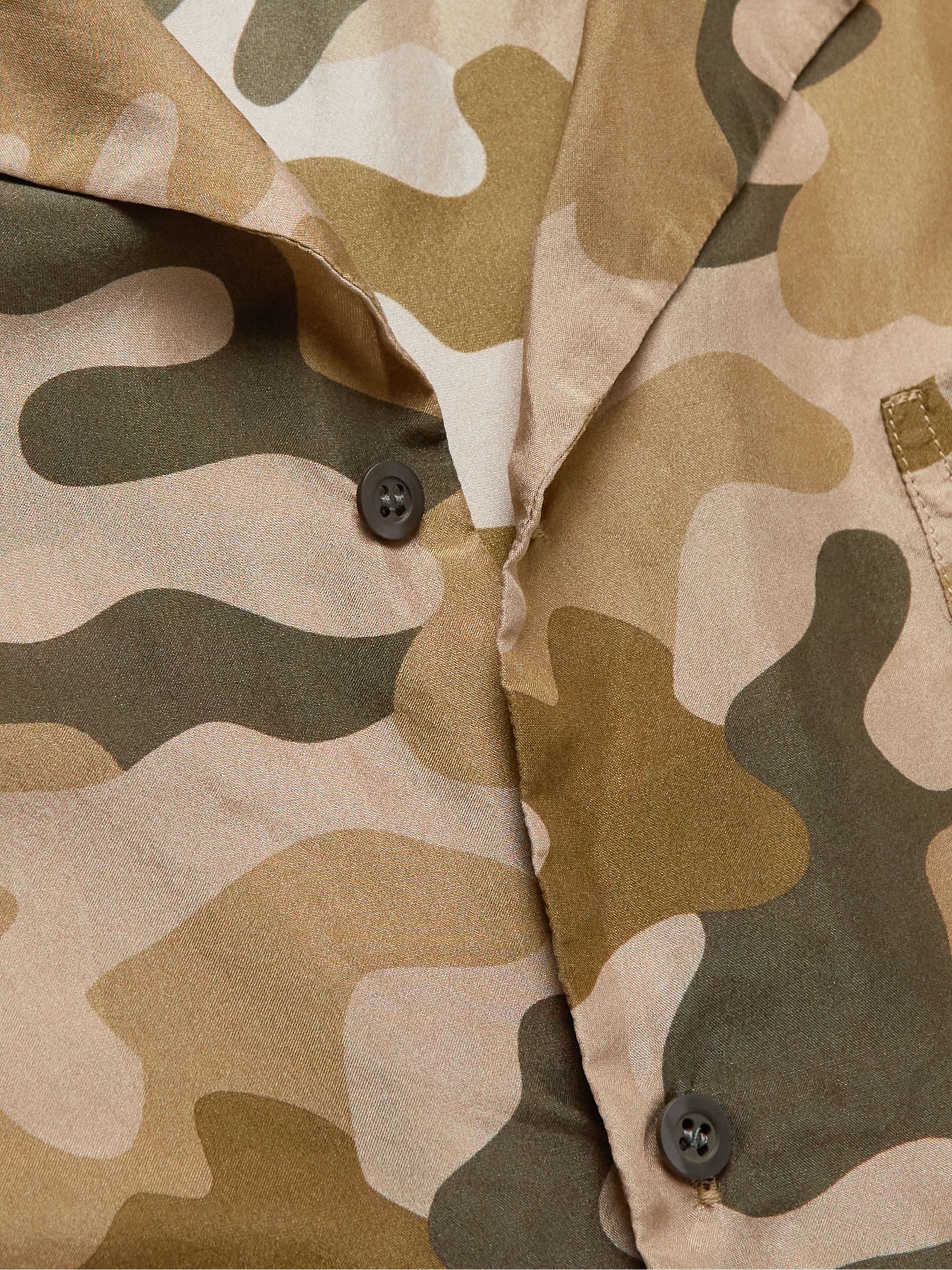 Camp-Collar Camouflage-Print Silk Shirt