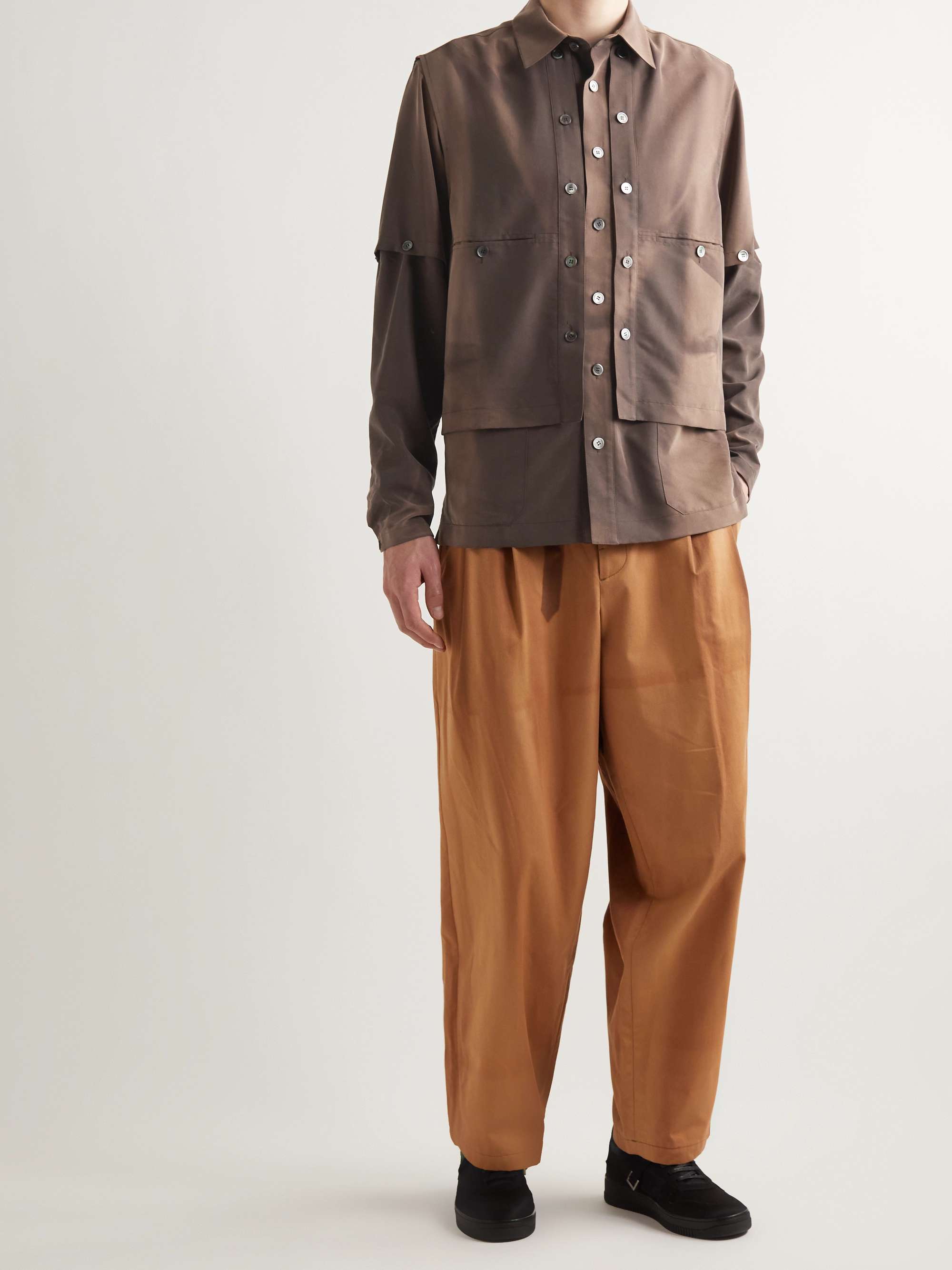 Brown Tapered Belted Pleated Sun-Faded Cotton-Twill Trousers 