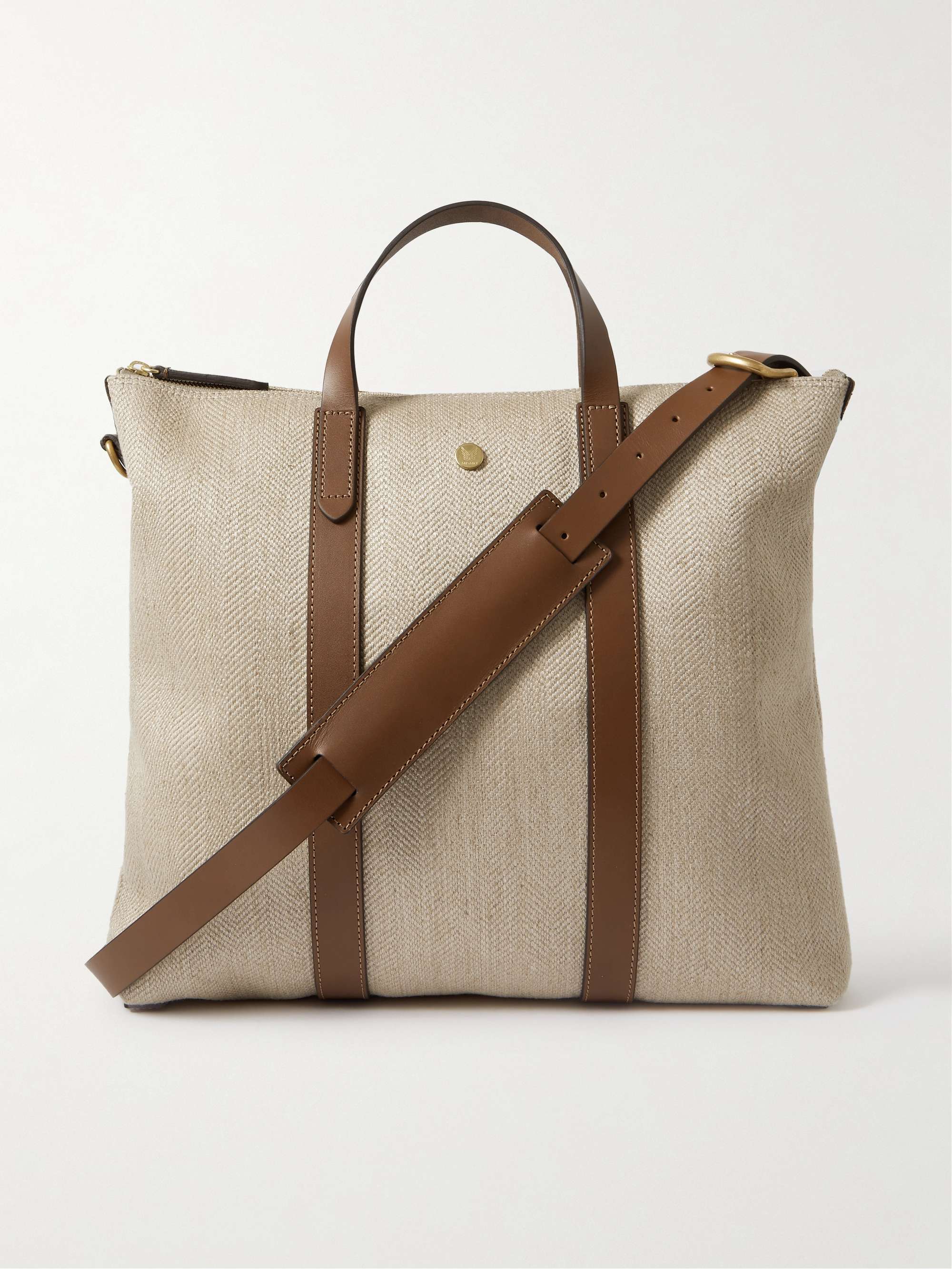 MISMO Leather-Trimmer Herringbone Cotton-Canvas Tote Bag